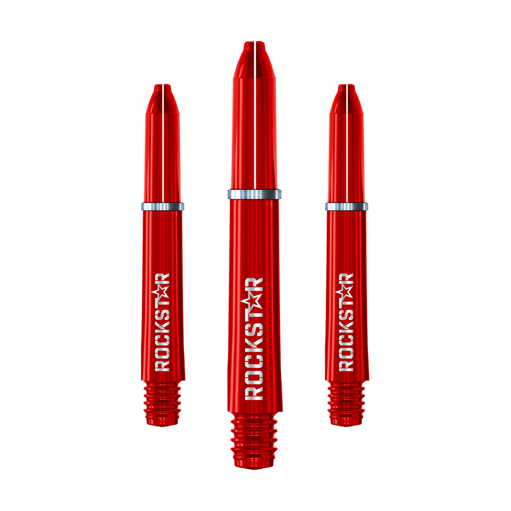 Varillas de nailon Winmau Joe Cullen Rockstar Auf dem Bild sind drei rote Nylon-Dartschäfte mit der Aufschrift "ROCKSTAR" zu sehen. Sie haben silberne Ringe und sind nebeneinander angeordnet.