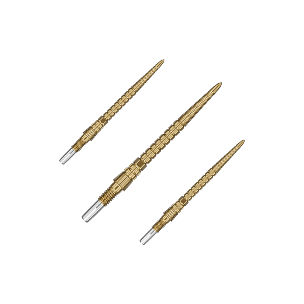 Puntas de dardo Target Chrono Swiss Storm Point - Oro Das Set enthält mehrere goldene Dartspitzen. Sie sind gleichmäßig aufgefächert.