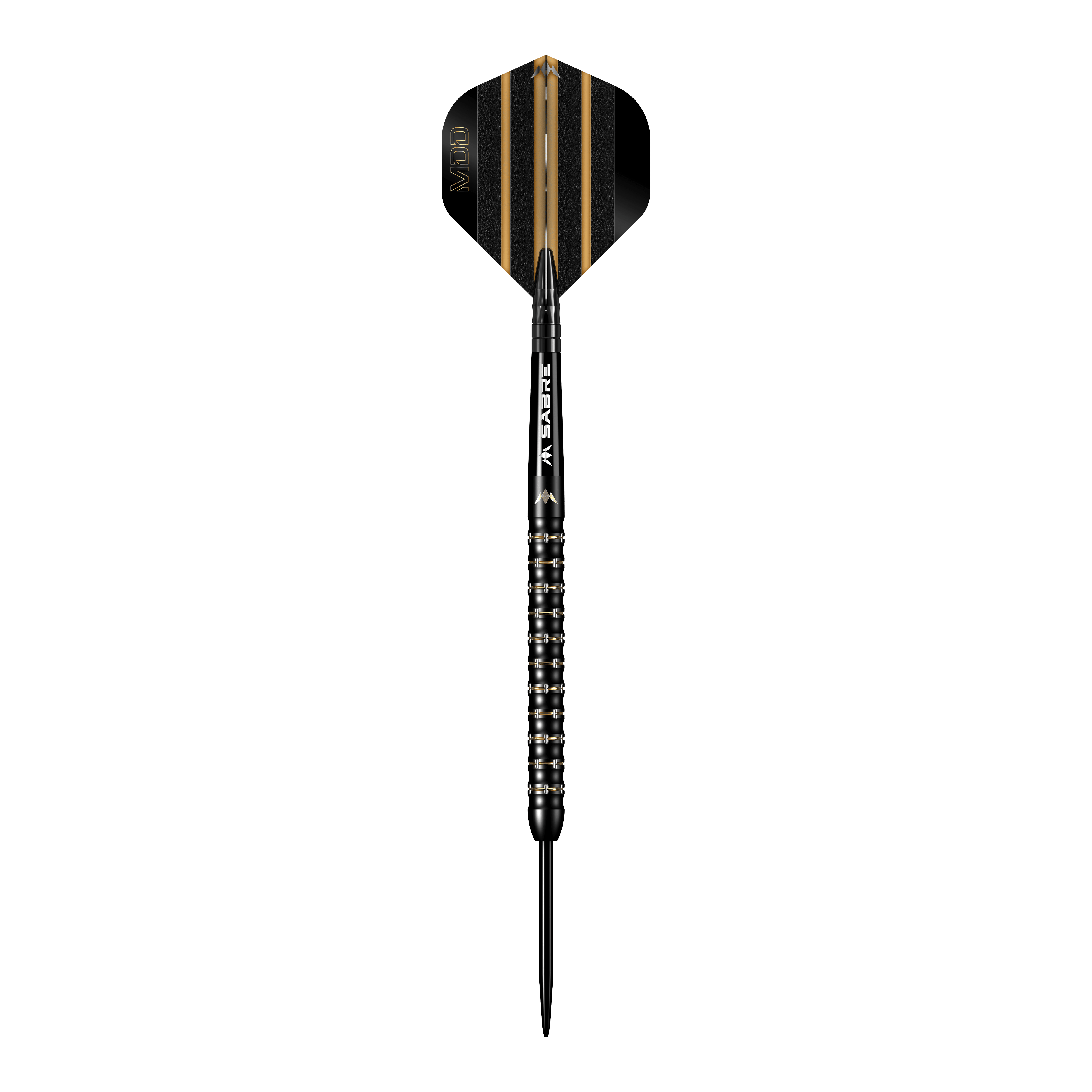 Misión Mike De Decker MDD Black Gold Steeldarts Das Bild zeigt einen schwarzen Steeldart mit goldenen Akzenten aus der Serie "Mission Mike De Decker MDD Black Gold". Der Dart hat ein modernes Design mit fein geriffeltem Griff und einer schwarz-goldenen Flight.