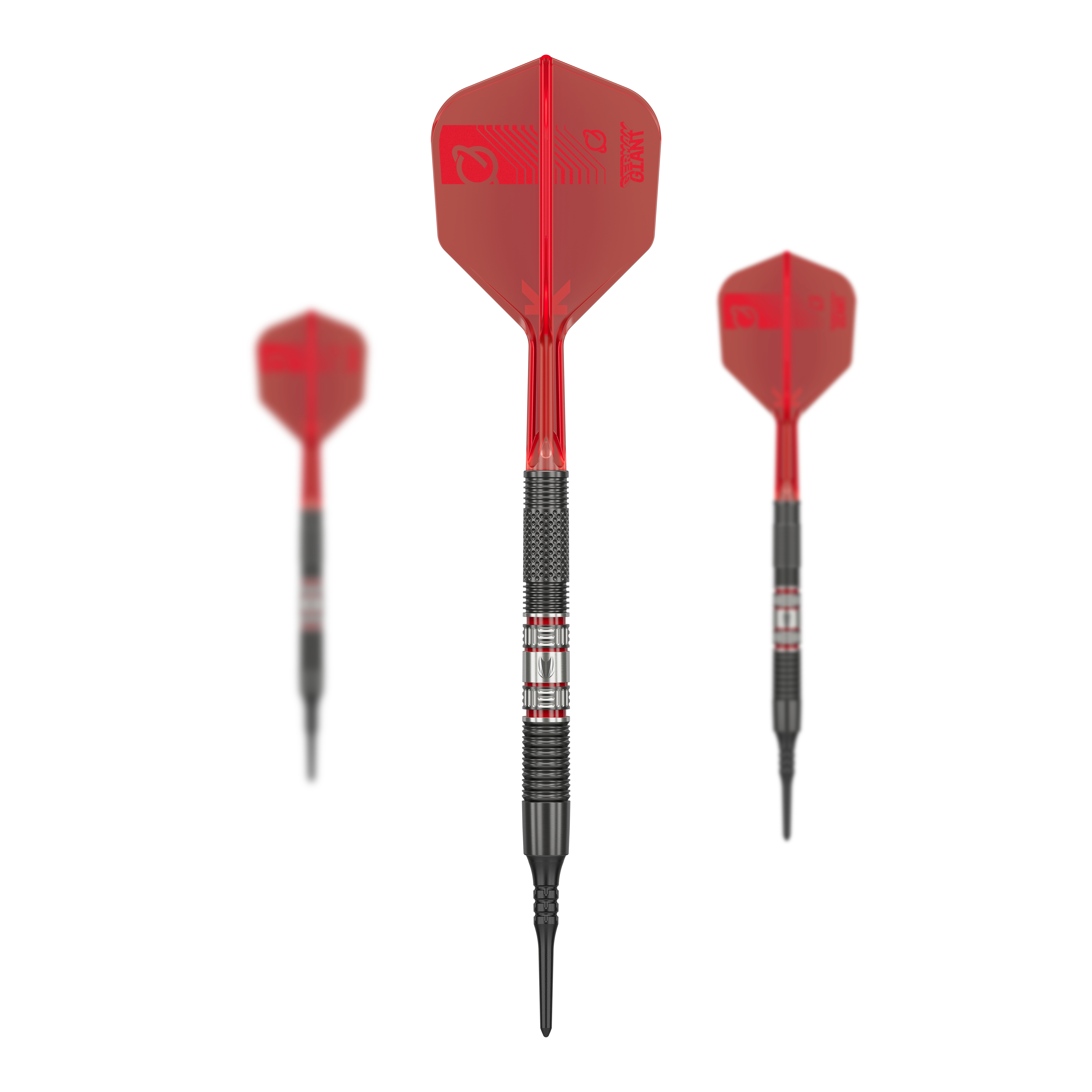 Dardos blandos Target Gabriel Clemens 95K - 19 g Das Bild zeigt drei Softdarts des Modells "Target Gabriel Clemens 95K Softdarts - 19g". Die Darts haben rote Flights und einen silber-schwarzen Barrel mit markanten Rillen.
