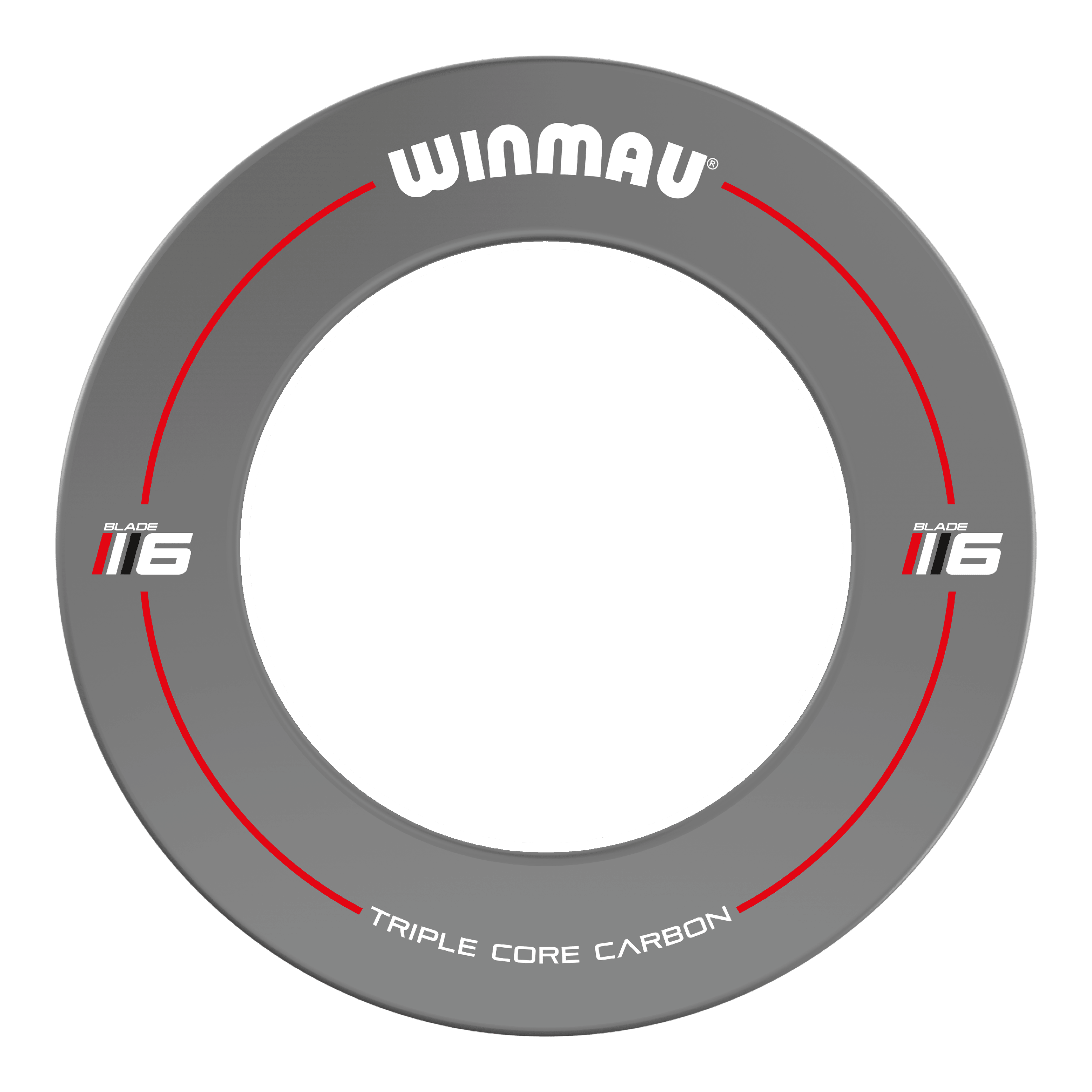 Winmau Blade 6 Design Dartboard Surround - Grau Das Bild zeigt einen grauen Dartboard-Surround der Marke Winmau mit der Aufschrift "Blade 6". Auf dem Surround stehen außerdem die Worte "Triple Core Carbon" und rote Linien sind als Designelemente eingearbeitet.