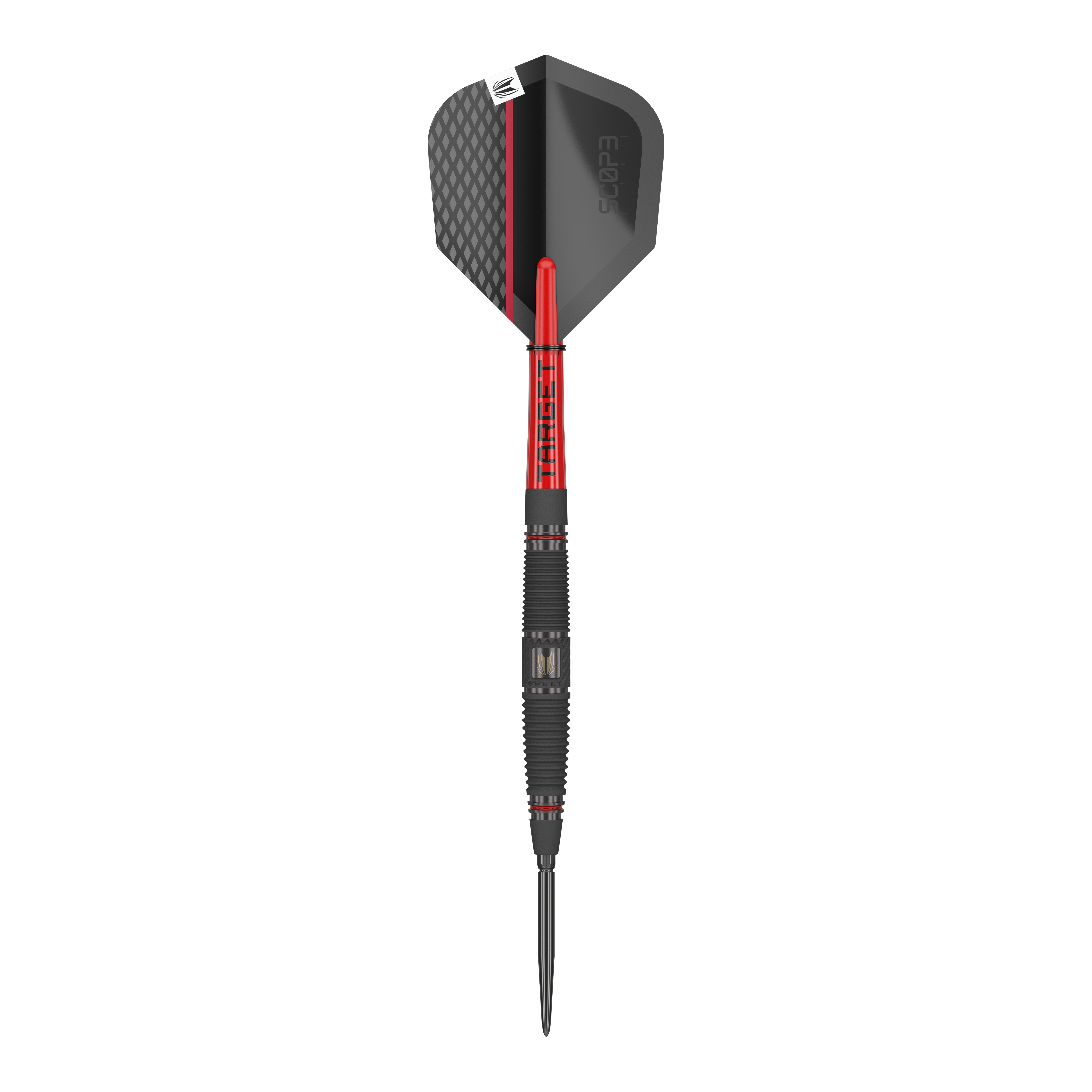 Dardos de acero Target Scope 04 Swiss Point Dies ist der Target Scope 04 Swiss Point Steeldart. Er hat ein modernes Design mit schwarzen und roten Akzenten.