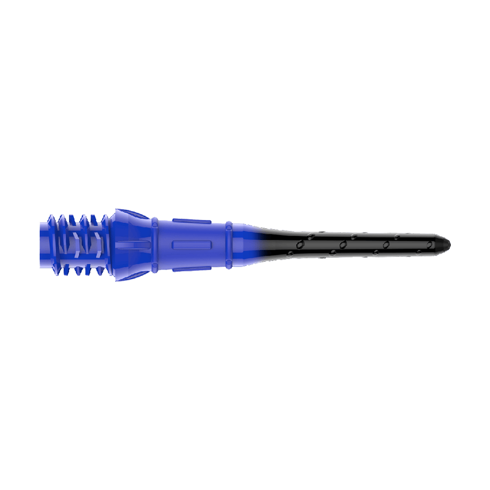 Puntas de dardos degradadas Lippoint Premium estilo L (paquete de 30) Die Abbildung zeigt eine Dartspitze in den Farben Blau und Schwarz. Sie hat ein Schraubgewinde auf der linken Seite und läuft nach rechts spitz zu.