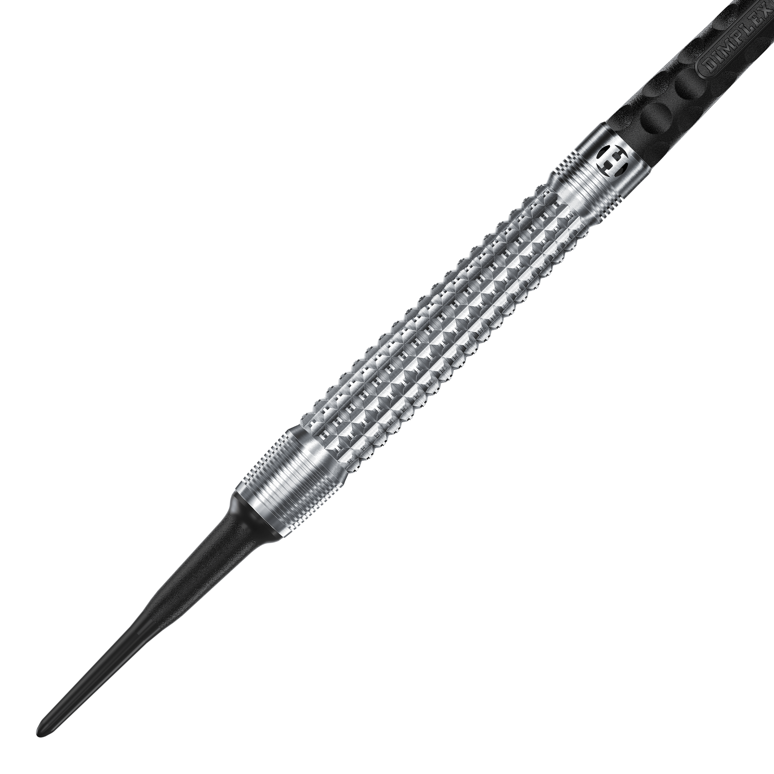 Dardos suaves cónicos Harrows Dimplex S3 Das Bild zeigt einen Harrows Dimplex S3 Tapered Softdart. Der Dartpfeil hat eine silberne, geriffelte Metallspitze und einen schwarzen Schaft.