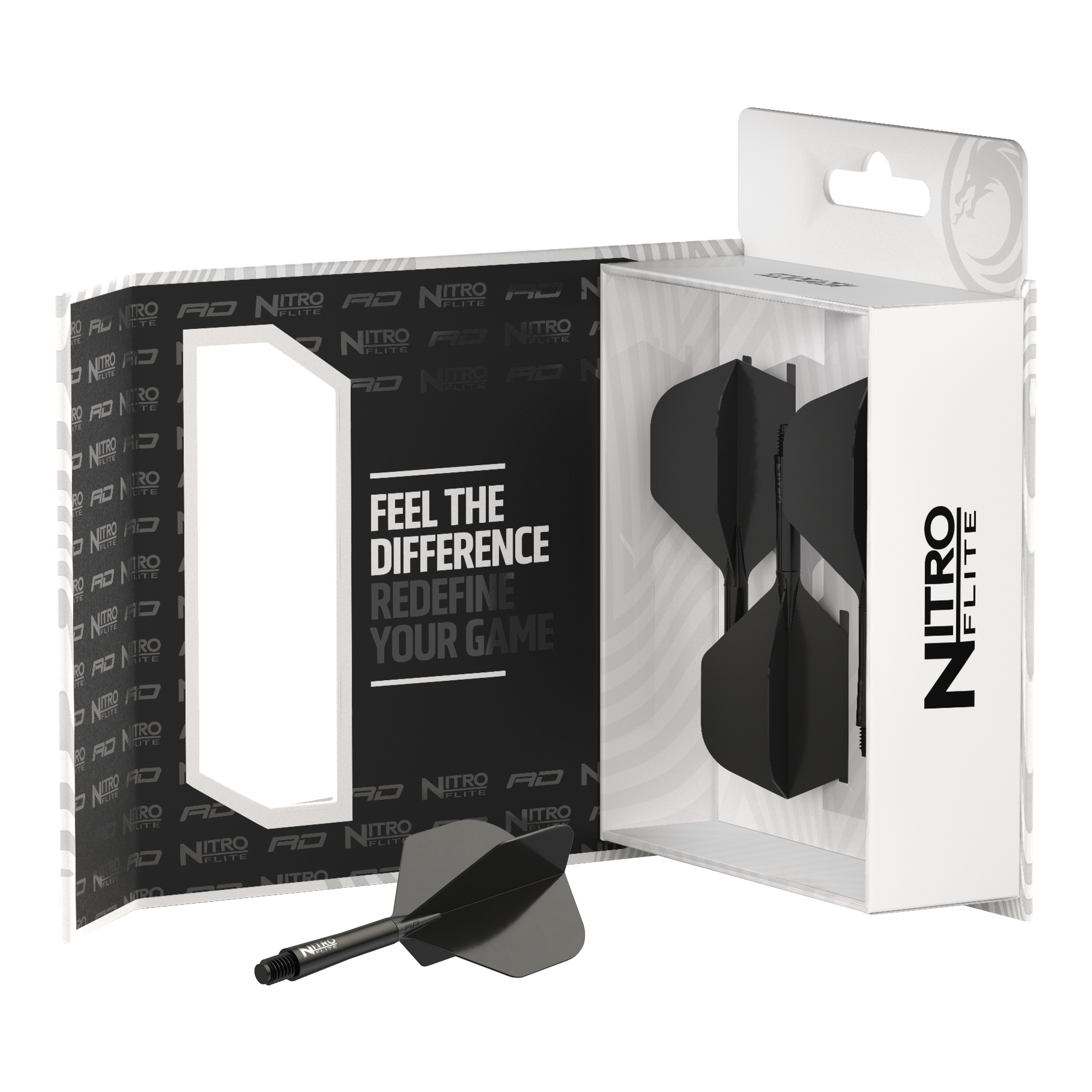 Auf dem Bild ist das Produkt "Red Dragon Nitroflite - Black Shaft Black No2 Flights" zu sehen. Die schwarze Dartflüge und -schäfte sind in einer stilvollen Verpackung präsentiert.