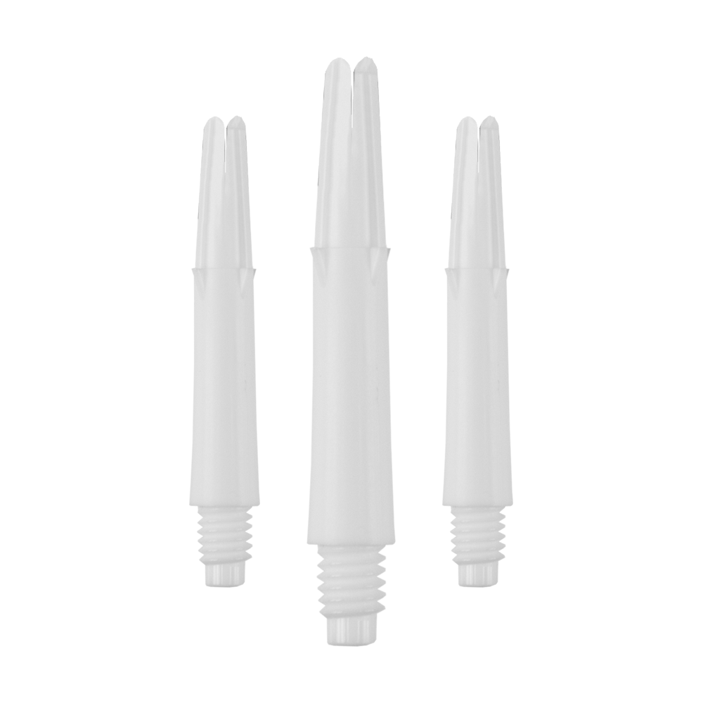 Ejes en L estilo L bloqueados rectos - Blanco Auf dem Bild sind drei weiße, gerade Dartschäfte ohne Kappen zu sehen. Sie sind nebeneinander in aufrechter Position angeordnet.