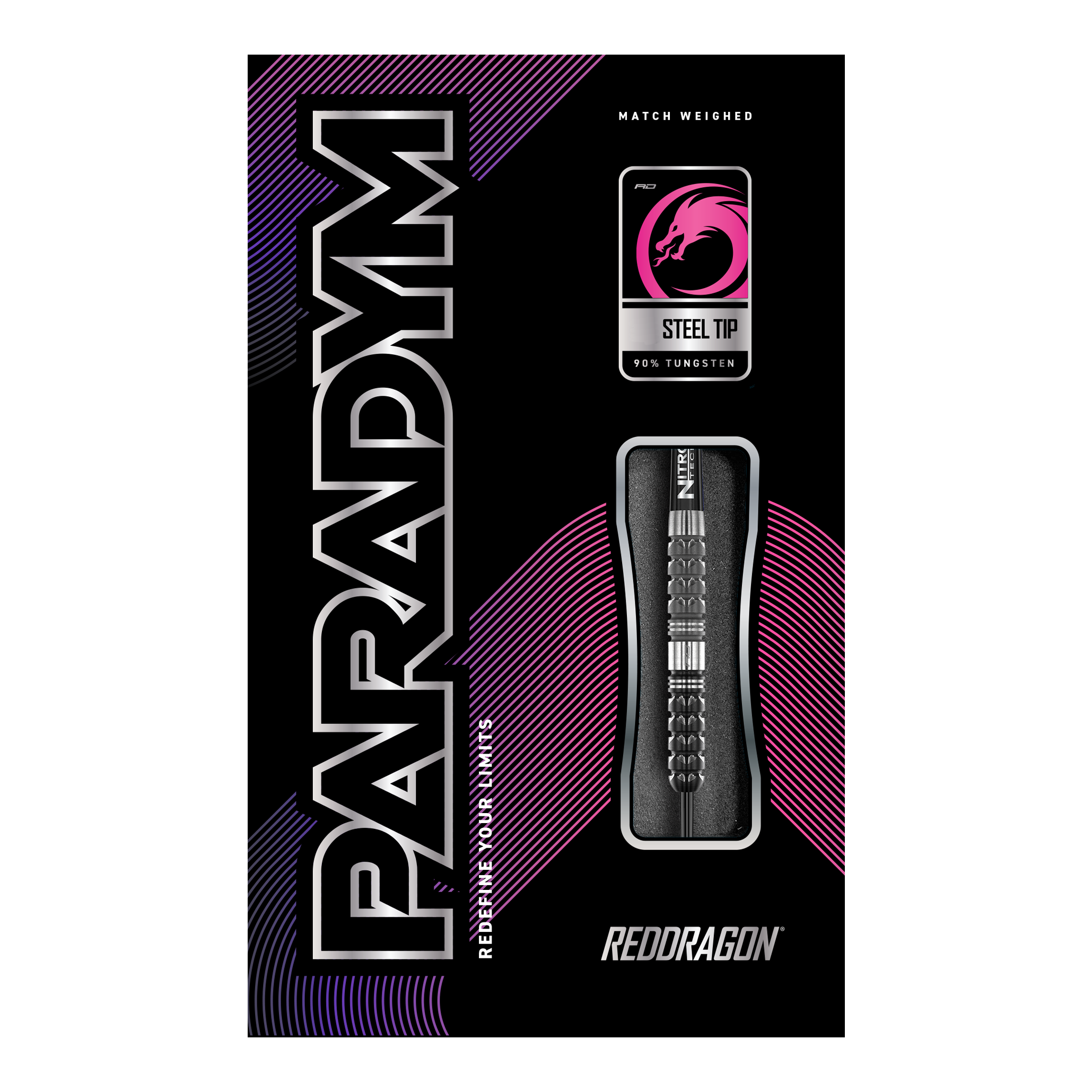 Dardos de acero cónicos Red Dragon Paradym Die Abbildung zeigt die Verpackung der "Red Dragon Paradym Tapered Steeldarts". Auf der Packung sind die Begriffe "Steel Tip", "90% Tungsten" und das Red Dragon Logo zu sehen.