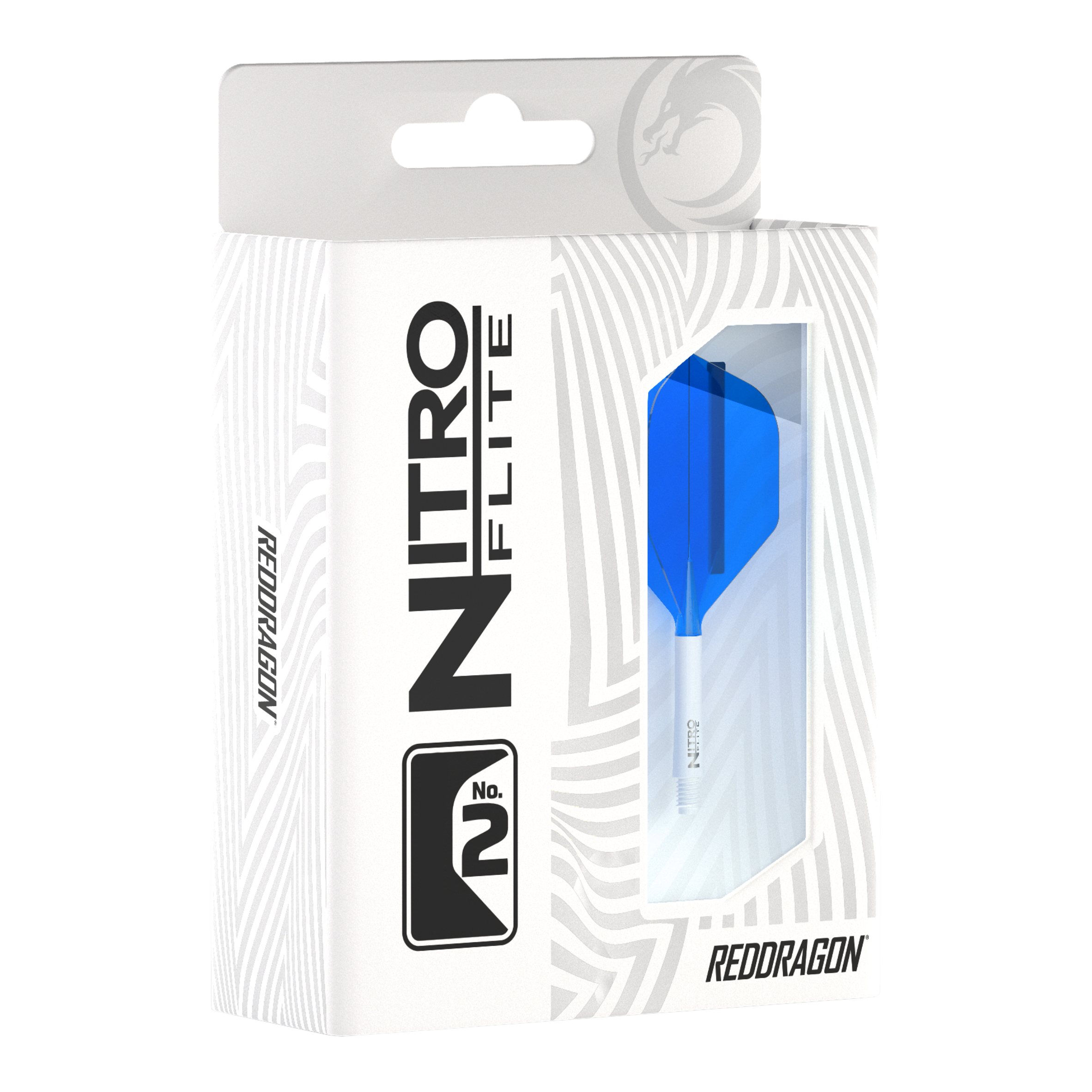 Red Dragon Nitroflite - Eje blanco, vuelos azules nº 2 Die Abbildung zeigt eine Packung Red Dragon Nitroflite mit einem weißen Schaft und blauen No2-Flights. Die Verpackung ist überwiegend weiß mit einem Sichtfenster, durch das der blaue Flight zu sehen ist.