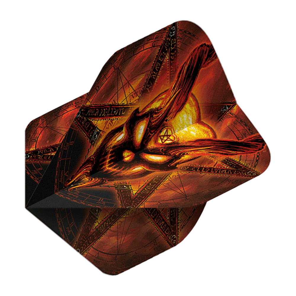 Alchemy Burning Temple No2 Vuelos estándar Das Bild zeigt das Produkt „Alchemy Burning Temple No2 Standard Flights“. Es hat ein auffälliges, feuriges Design mit einem brennenden Motiv und mystischen Symbolen.