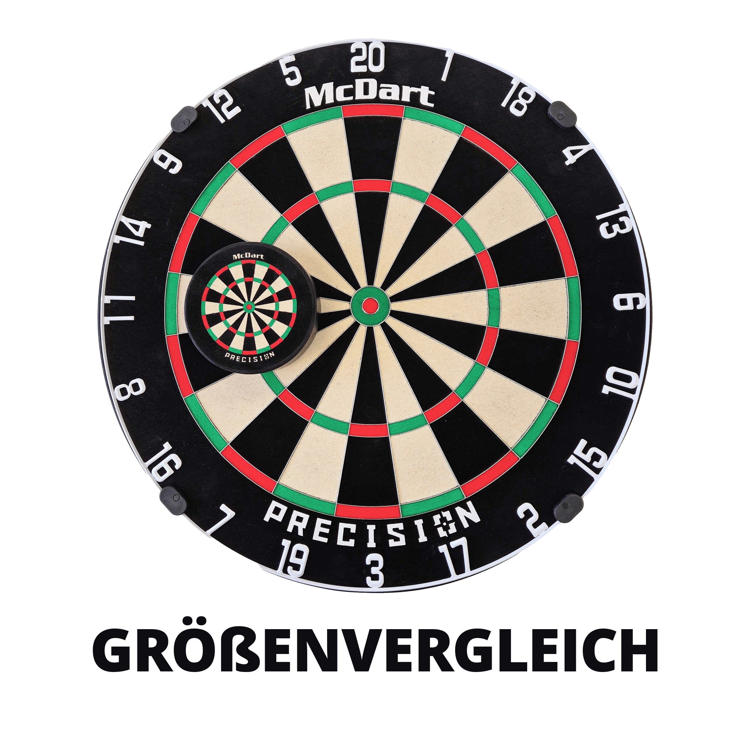 Abgebildet ist das McDart Precision Mini Dartboard mit individuellem Wunschtext. Es ist eine kleine, präzise Dartscheibe mit Halterung.