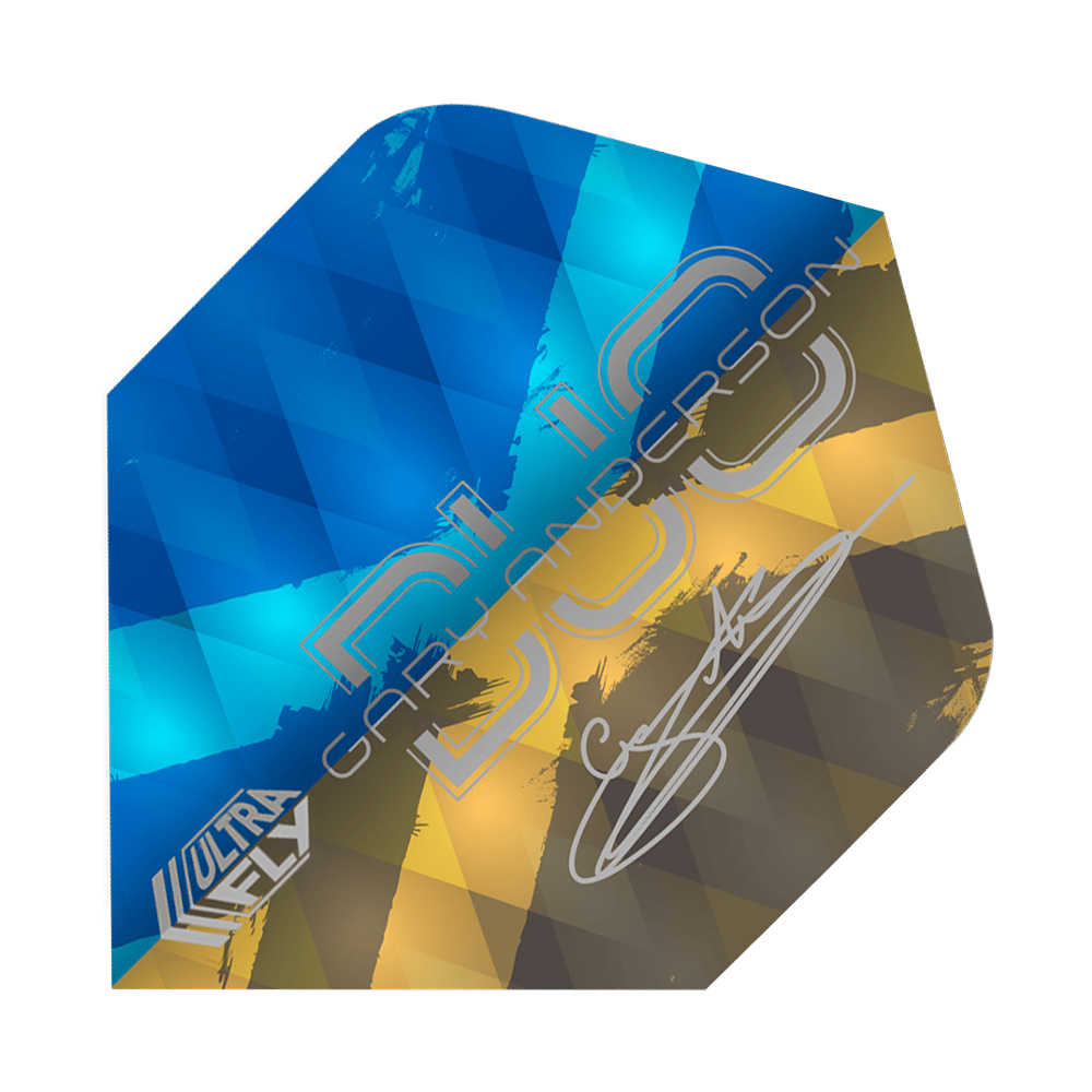Vuelos Unicorn Ultrafly 100 Gary Anderson Duo Plus Das Bild zeigt ein Dart-Flight der Marke Unicorn Ultrafly 100 Gary Anderson Duo Plus. Das Flight hat ein Muster in Blau, Gelb und Braun und trägt die Unterschrift von Gary Anderson.