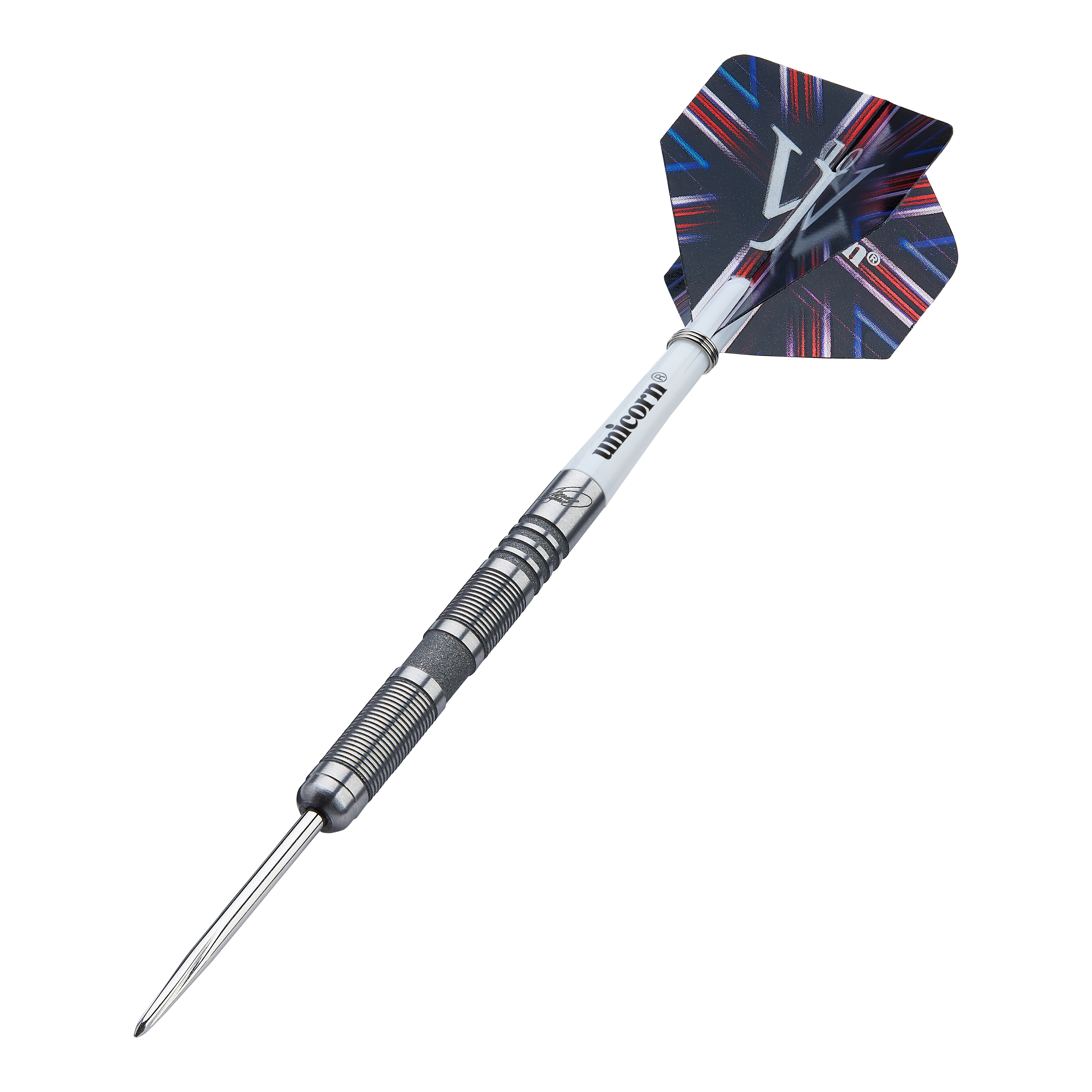 Dardos de acero Unicorn James Wade The Machine Range Phase 4 Auf dem Bild ist ein Steeldart der Marke Unicorn aus der James Wade The Machine Range Phase 4 zu sehen. Der Dart hat ein silbernes, geriffeltes Barrel und einen schwarz-blauen Flight mit auffälligem Muster.