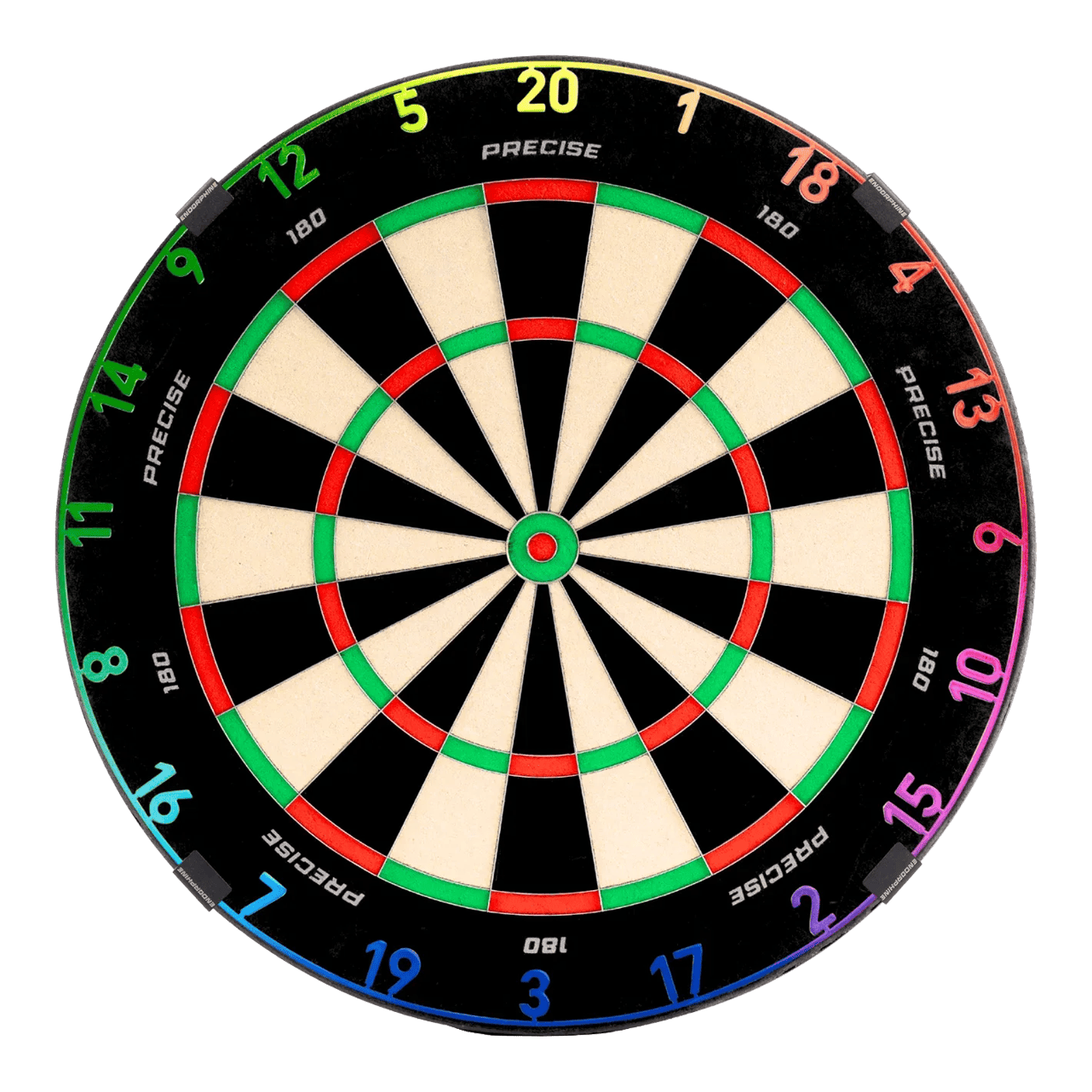 Diana de dardos de acero Endorphine 180 de precisión con aro numérico - Spectrum Zu sehen ist das Precise 180 Endorphine Steeldartboard mit Nummernring – Spectrum. Das Dartboard ist frontal abgebildet.