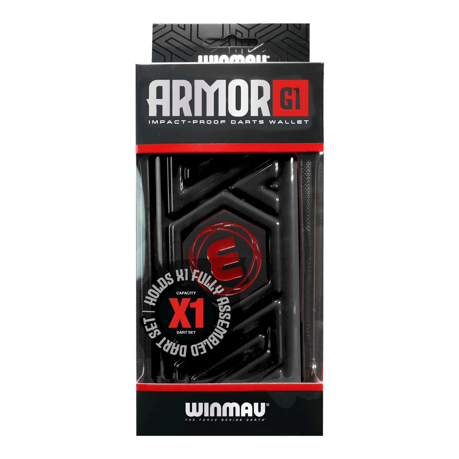 Cartera para dardos Winmau Armor G1 Das Bild zeigt eine schwarze Darttasche von Winmau mit dem Namen "Armor G1". Die Verpackung betont, dass sie stoßfest ist und ein vollständig montiertes Dart-Set aufnehmen kann.