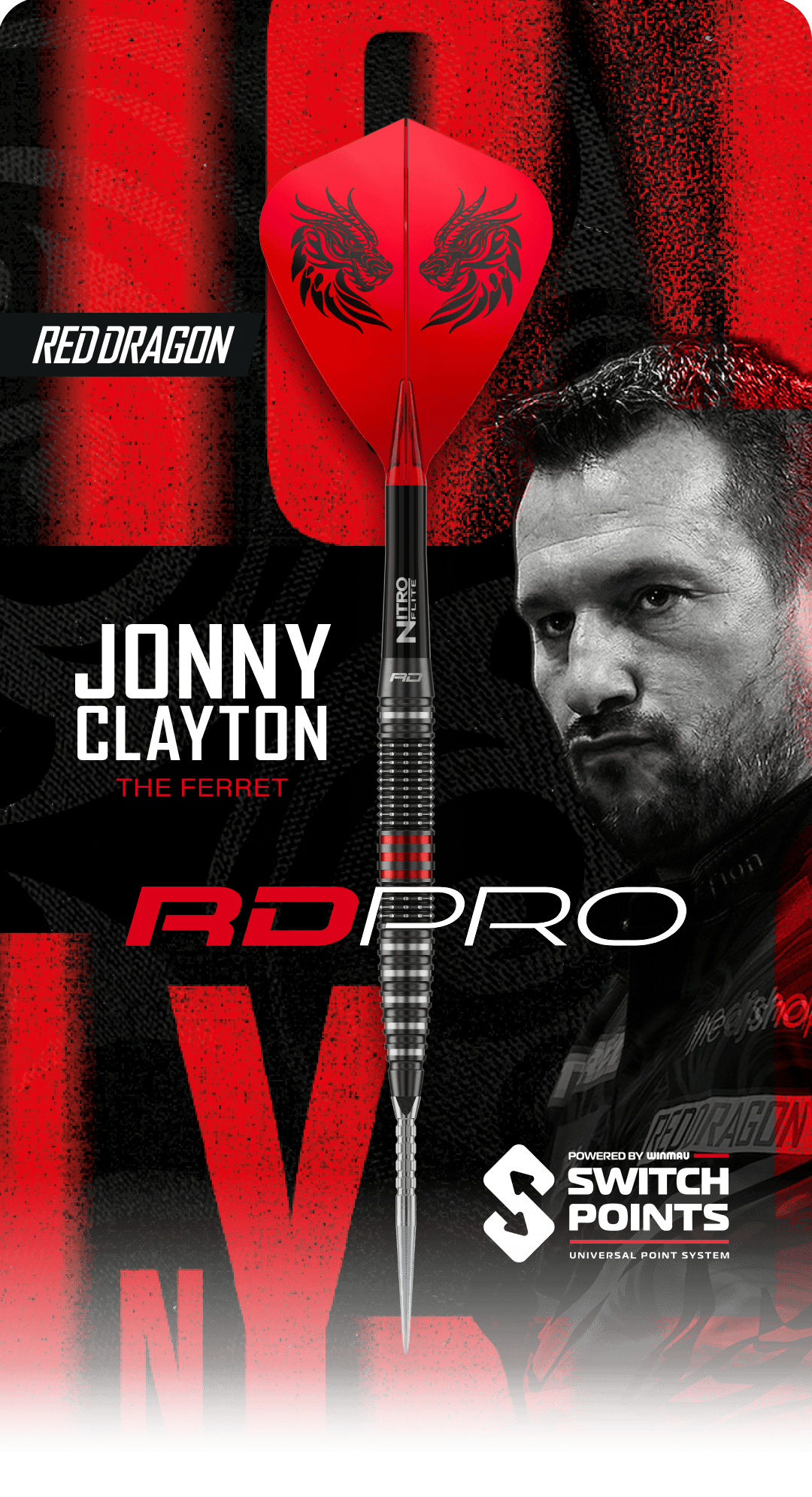 Auf dem Bild sieht man ein Banner mit der Aufschrift 'RedDragon ClaytonRDPro'. Es sind Pfeile sowie verschiedene grafische Elemente abgebildet.