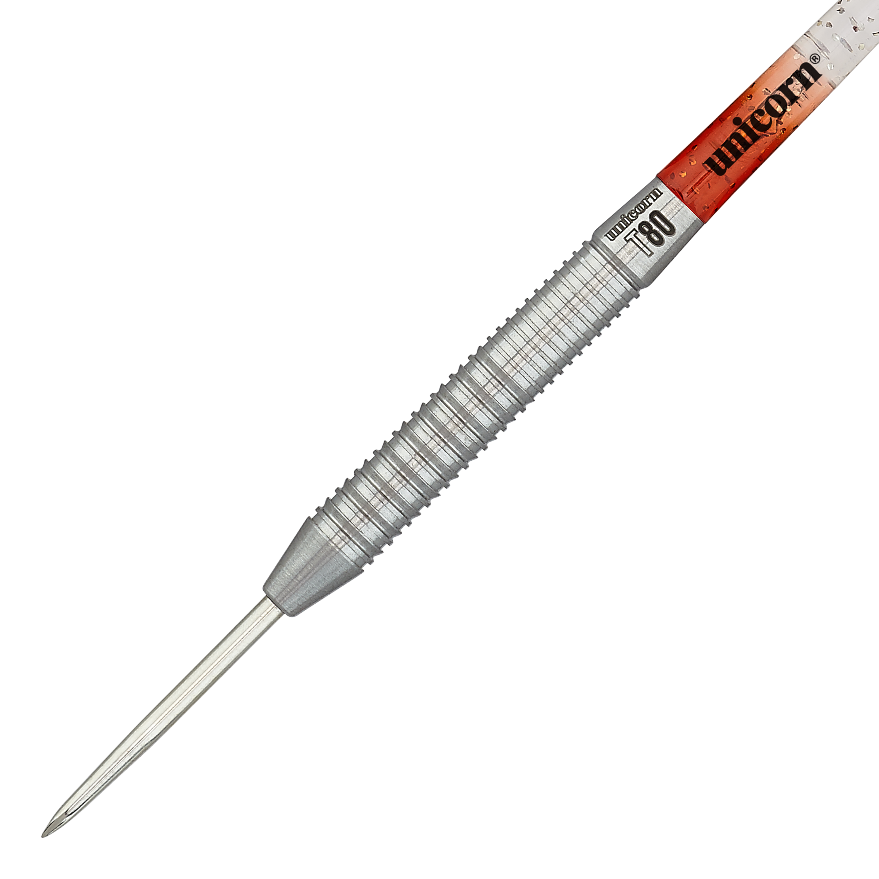 Dardos de acero Unicorn Core XL Striker Style 1 - 22 g Das Bild zeigt einen silberfarbenen Steeldart mit gerilltem Griff. Auf dem Schaft steht "Unicorn" und das Modell ist "Core XL Striker Style 1" mit 22g Gewicht.