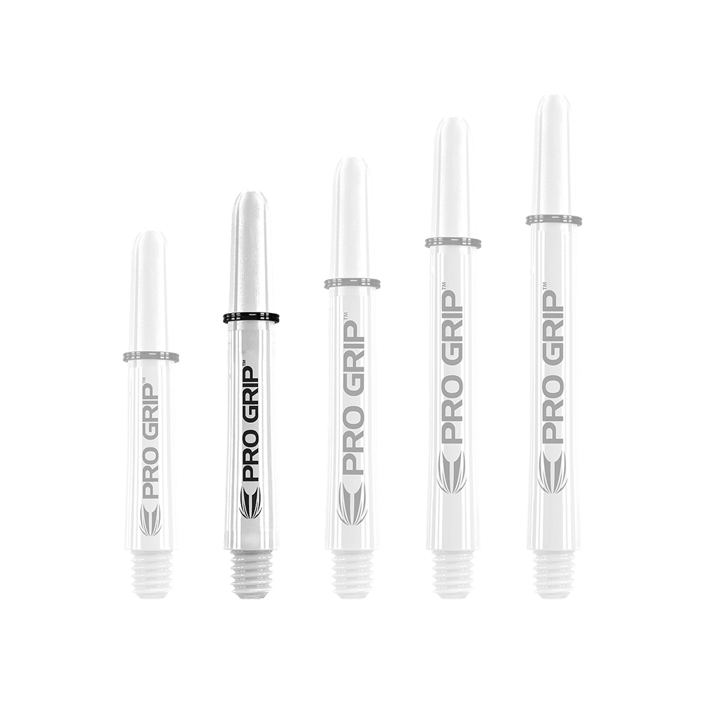 Varillas Target Pro Grip - 3 juegos - Color blanco Auf dem Bild sind fünf weiße Dart-Schäfte in verschiedenen Längen zu sehen. Sie tragen alle die Aufschrift "PRO GRIP".