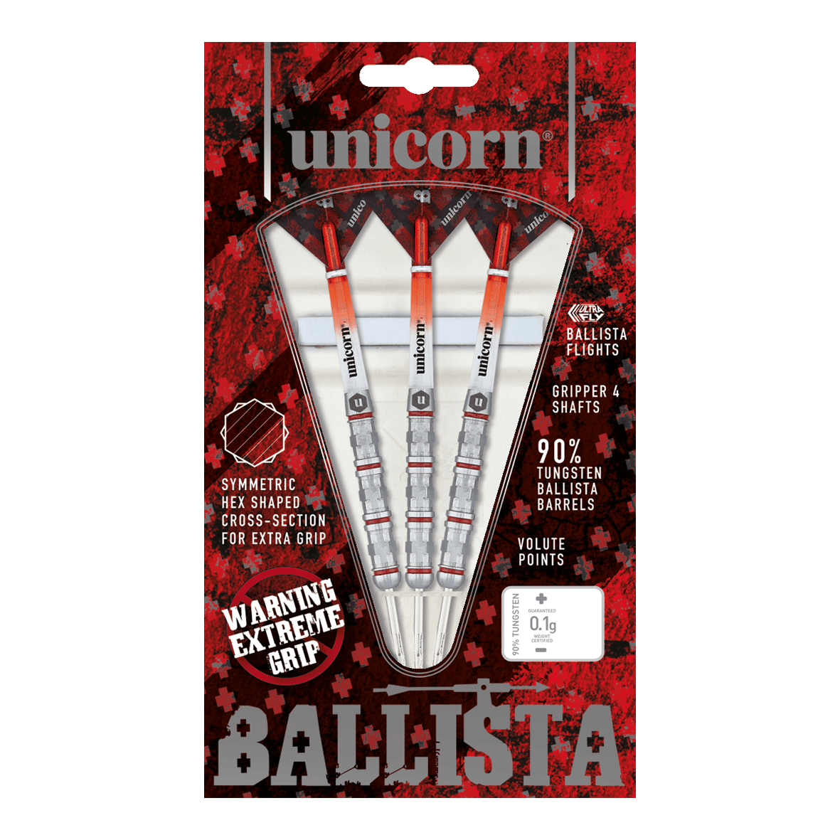 Dardos de acero estilo Ballista Unicorn 4 Auf dem Bild ist das Produkt "Unicorn Ballista Style 4 Steeldarts" zu sehen. Die Verpackung zeigt drei Steeldarts mit auffälligem Design und betont ihre hohe Griffigkeit und den 90%igen Wolframanteil.