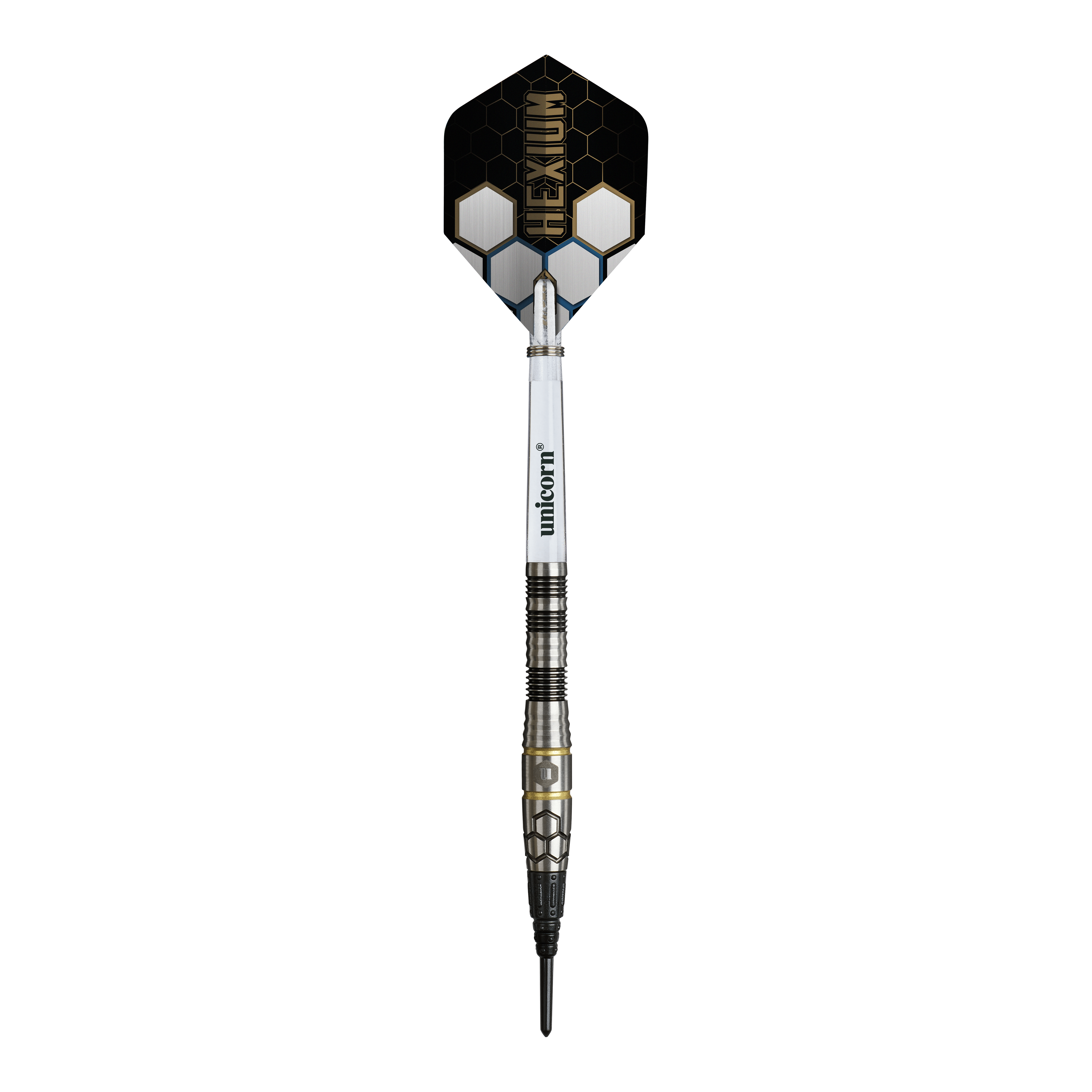 Dardos blandos Unicorn Hexium Style 01 negros y dorados - 22 g Das Bild zeigt die Unicorn Hexium Style 01 Black & Gold Softdarts mit einem Gewicht von 22 Gramm. Die Darts zeichnen sich durch ihr schwarzes und goldenes Aussehen aus.
