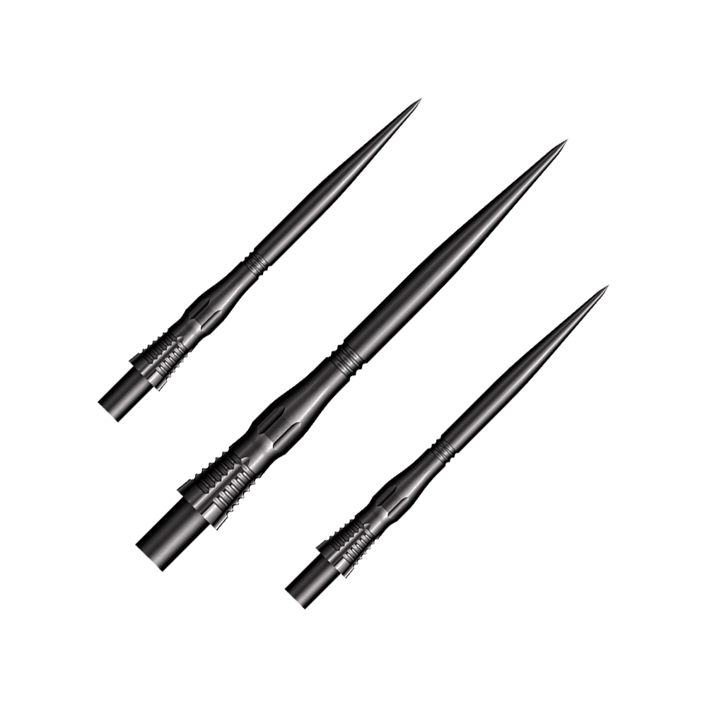 Puntas de dardos Shot Cone Scallop de acero - Negras - 35 mm Das Bild zeigt drei schwarze Steeldart-Spitzen des Modells "Shot Cone Scallop" mit einer Länge von 35 mm. Sie sind lang, schmal und haben ein markantes, geriffeltes Design am Schaft.