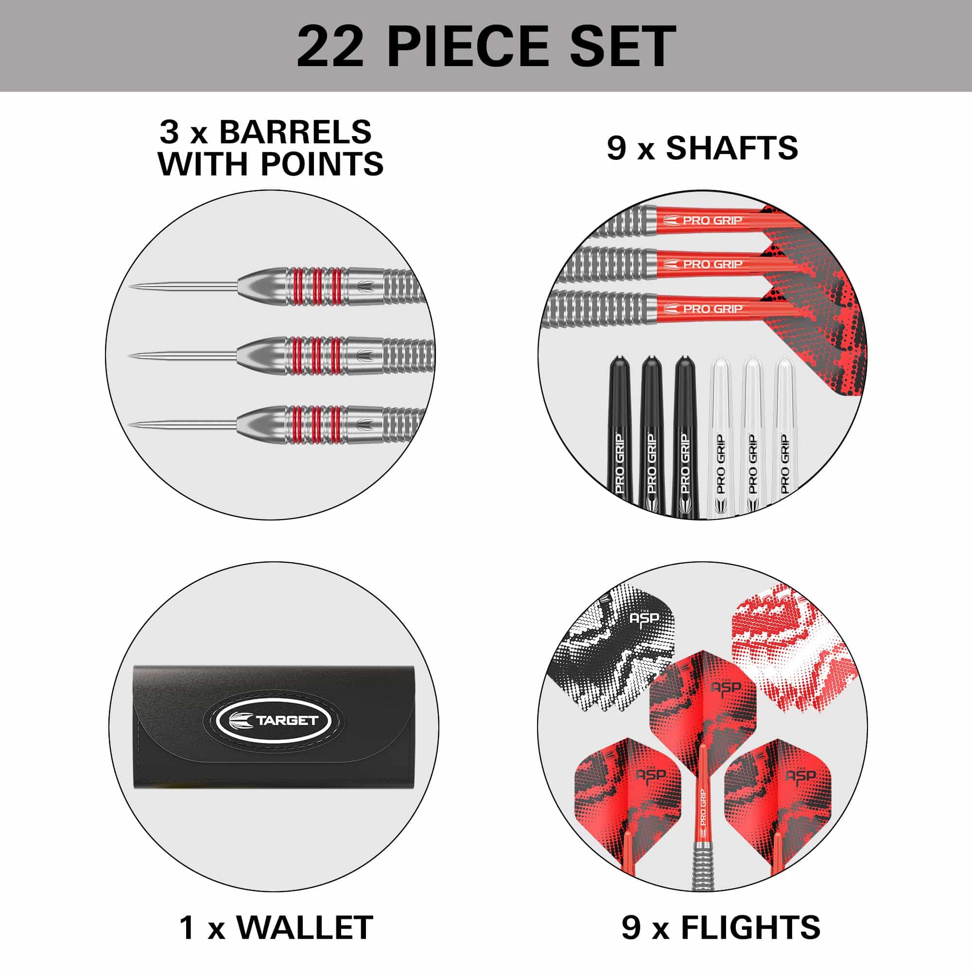 Dardos de latón y acero Target Nathan Aspinall - 22 g Gezeigt werden die Target Nathan Aspinall Brass Steeldarts mit einem Gewicht von 22g. Sie sind für Steeldart-Wettbewerbe gedacht.