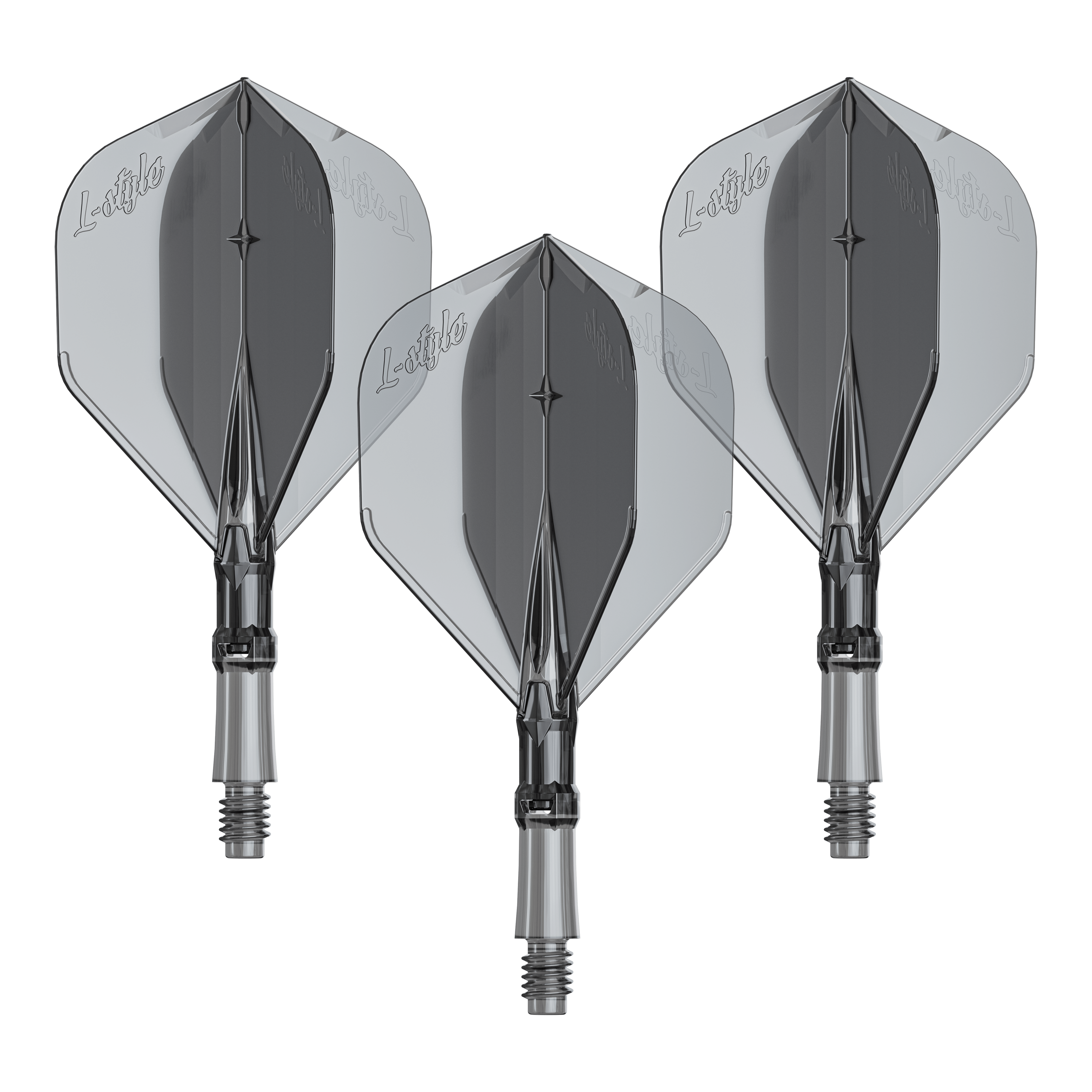 Vuelos L-Style L-System - Negro transparente Das Bild zeigt ein Produkt mit dem Namen LS1062_LStyle_L-System_Flights_ClearBlack_Small_190_1Set. Es handelt sich um ein Dartzubehör.