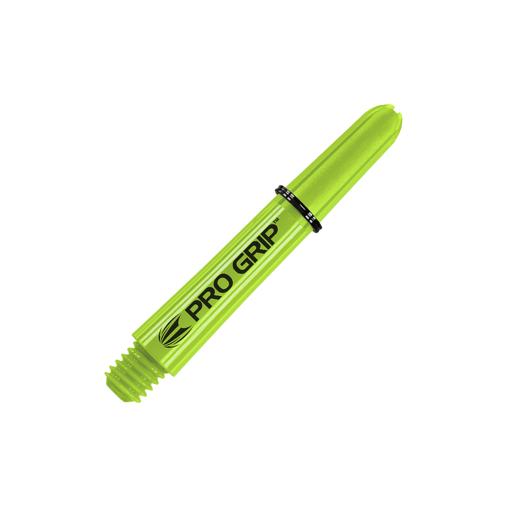 Varillas Target Pro Grip - 3 juegos - Verde lima Das Bild zeigt einen limegrünen Dartshaft mit der Aufschrift "PRO GRIP". Der Schaft hat ein Schraubgewinde an einem Ende und ist 34 mm lang.