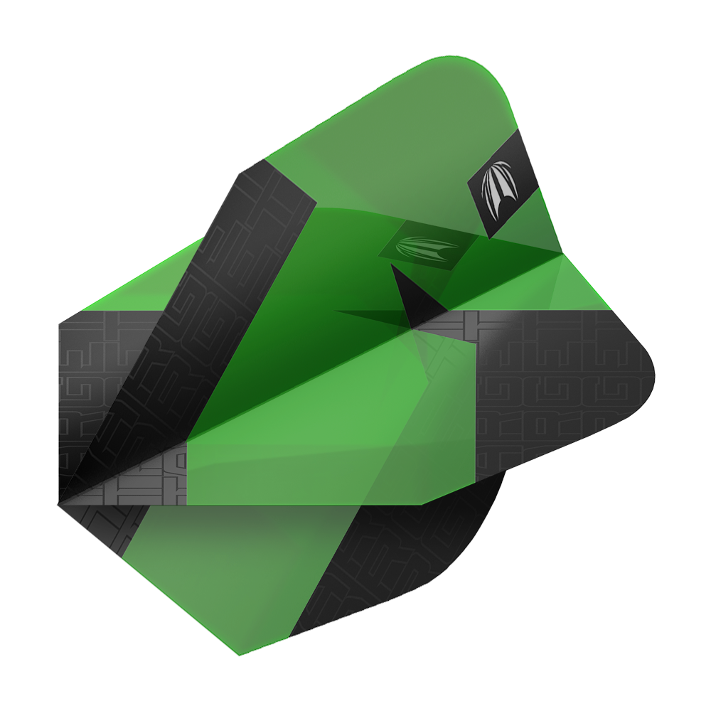 Vuelos estándar Target Pro Ultra TAG Green Ten-X - 3 juegos Das Bild zeigt einen grünen Dartflight mit schwarzen Akzenten aus der Serie "Target Pro Ultra TAG Grün Ten-X Standard Flights". Das moderne Design hebt sich durch klare Farben und Muster hervor.