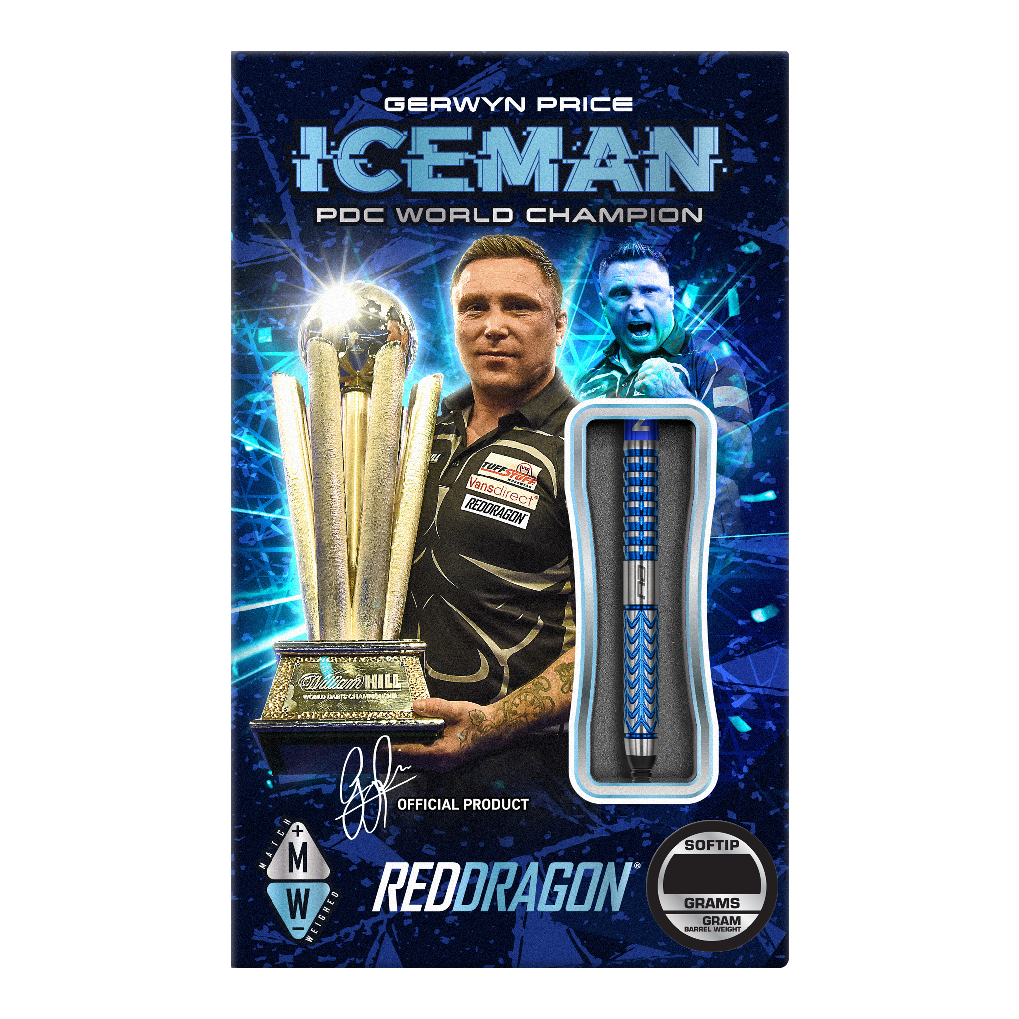 Dardos blandos Red Dragon Gerwyn Price Glacier - 18 g Das Bild zeigt die Verpackung der "Red Dragon Gerwyn Price Glacier Softdarts - 18g". Auf der Verpackung ist ein Dartspieler mit einem Pokal und einem einzelnen Softdart abgebildet.