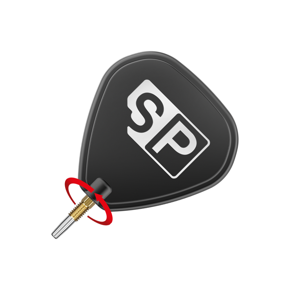 Puntas de dardos Target Swiss Point Chrono - Oro Das Bild zeigt eine schwarze Dartspitze mit den weißen Buchstaben "SP" darauf. Ein roter Pfeil deutet auf eine Drehbewegung an der goldenen Schraubverbindung hin.