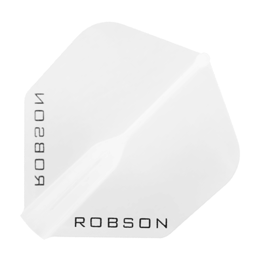Plumas Robson Plus - Estándar Das Bild zeigt einen klaren, sechseckigen Dartflight mit dem Schriftzug "ROBSON" in schwarzer Farbe. Das Design ist schlicht und durchsichtig gehalten.