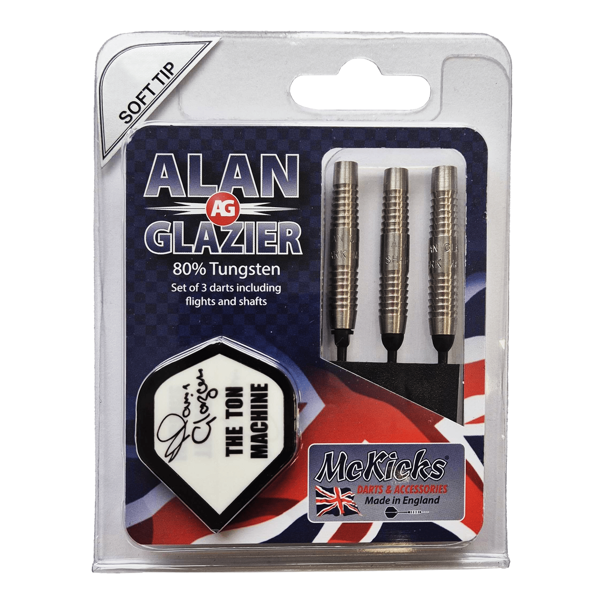 Dardos blandos McKicks Alam Glazier Shark Machine Das Bild zeigt eine Verpackung mit drei Softdarts der Marke "McKicks Alan Glazier Shark Machine". Die Darts bestehen zu 80% aus Tungsten und werden inklusive Flights und Shafts geliefert.