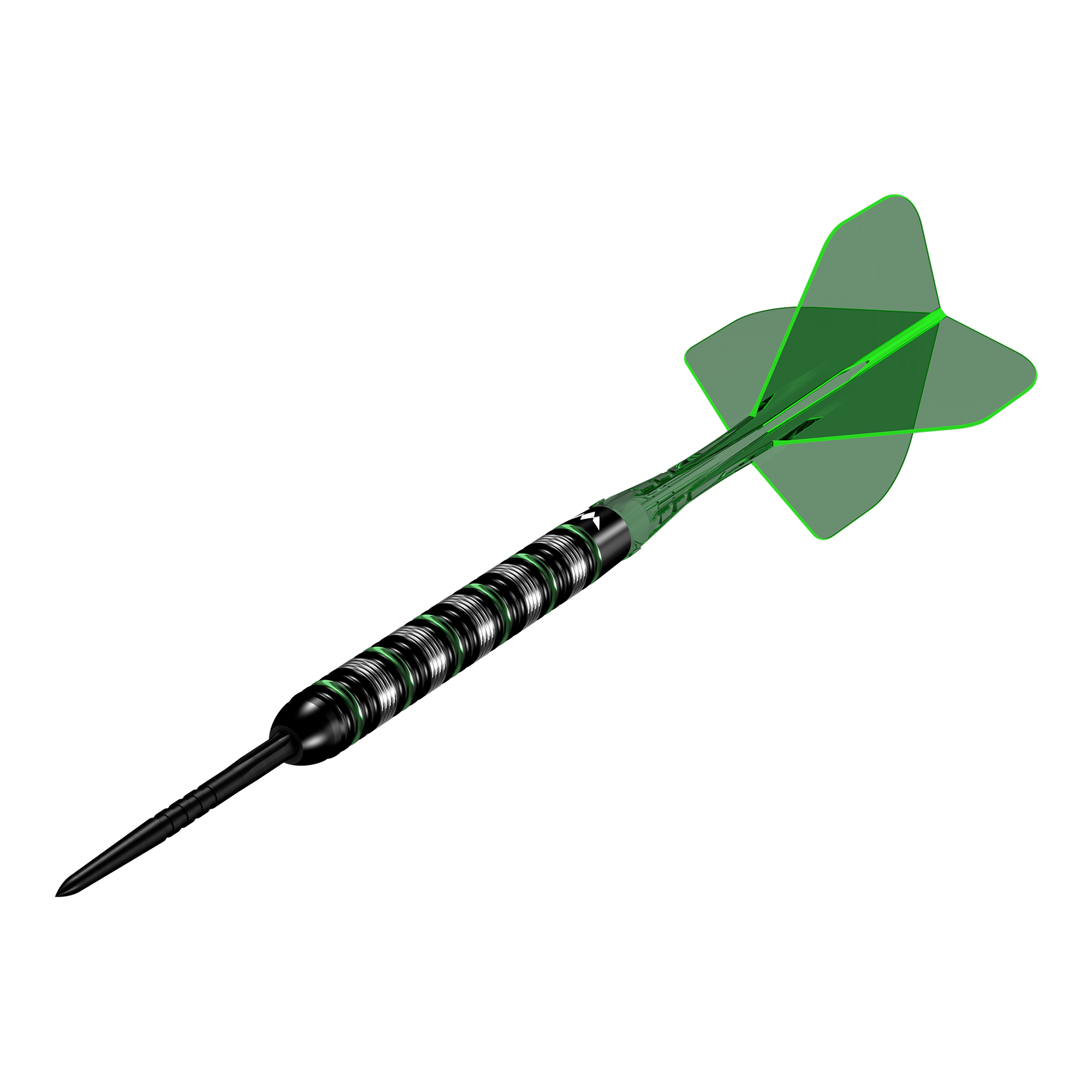 Dardos de acero Mission Moldavite - 23 g Mission Moldavite Steeldarts - 23g wird aus einer anderen Perspektive gezeigt. Die Darts zeichnen sich durch ein grünes Designelement aus.