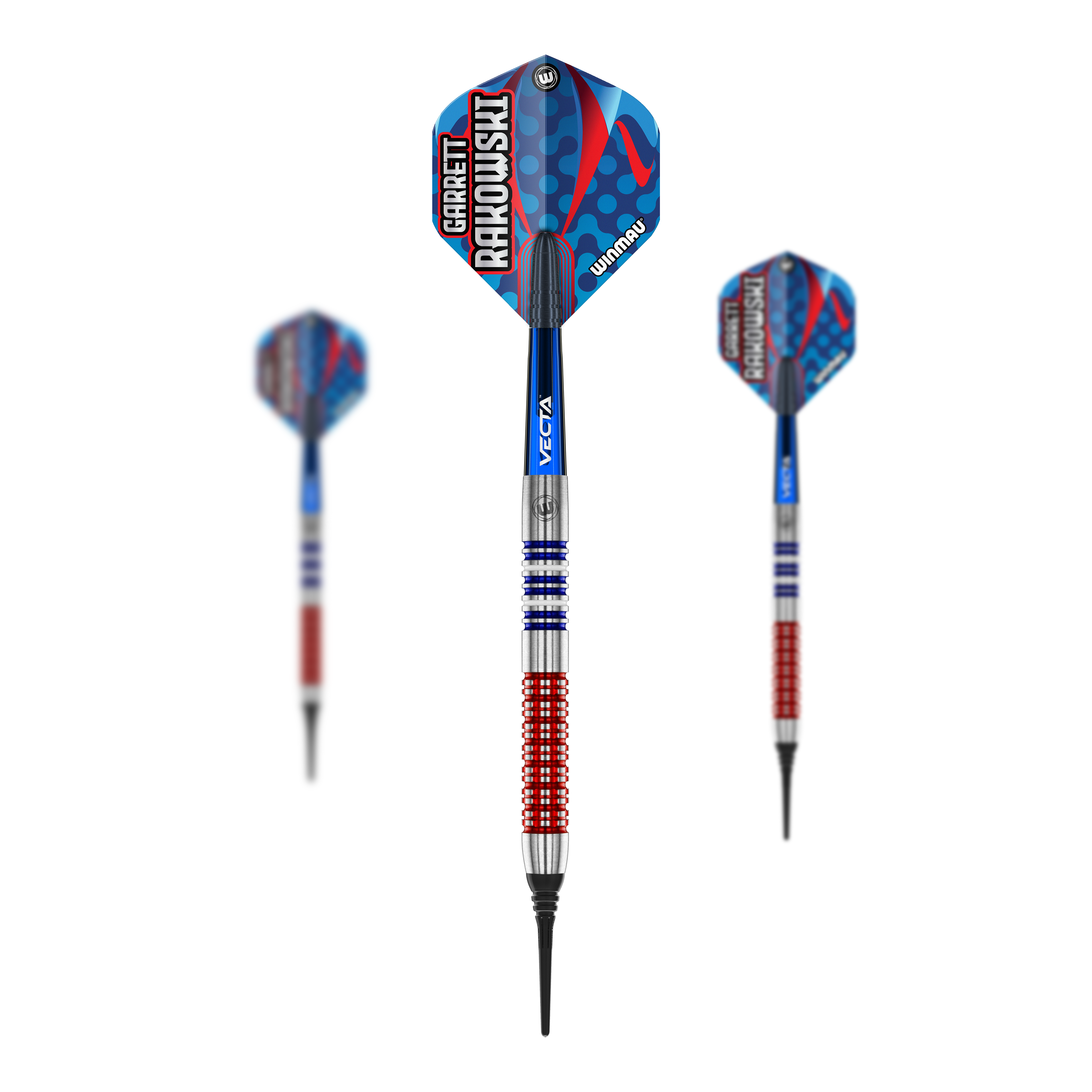 Dardos blandos Winmau Garrett Rakowski - 20g Das Bild zeigt drei Softdarts des Modells "Winmau Garrett Rakowski Softdarts - 20g". Die Darts haben ein auffälliges Design in Blau, Rot und Silber mit der Aufschrift "Garrett Rakowski" auf den Flights.