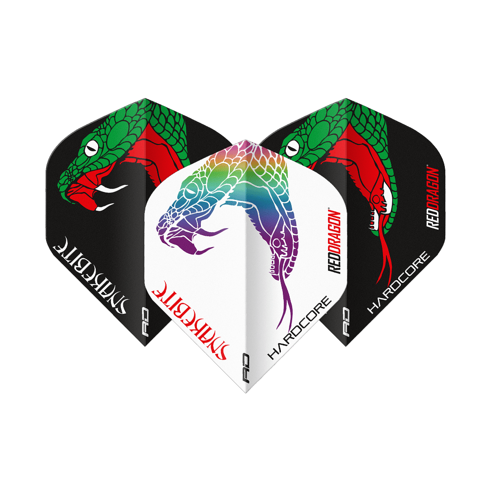 Vuelos estándar Red Dragon Peter Wright Snakebite Black White Yin Yang Das Bild zeigt drei Dart-Flights der Marke "Red Dragon Peter Wright Snakebite Black White Yin Yang Standard Flights". Die Flights sind in Schwarz und Weiß gestaltet und mit farbigen Schlangenmotiven verziert.
