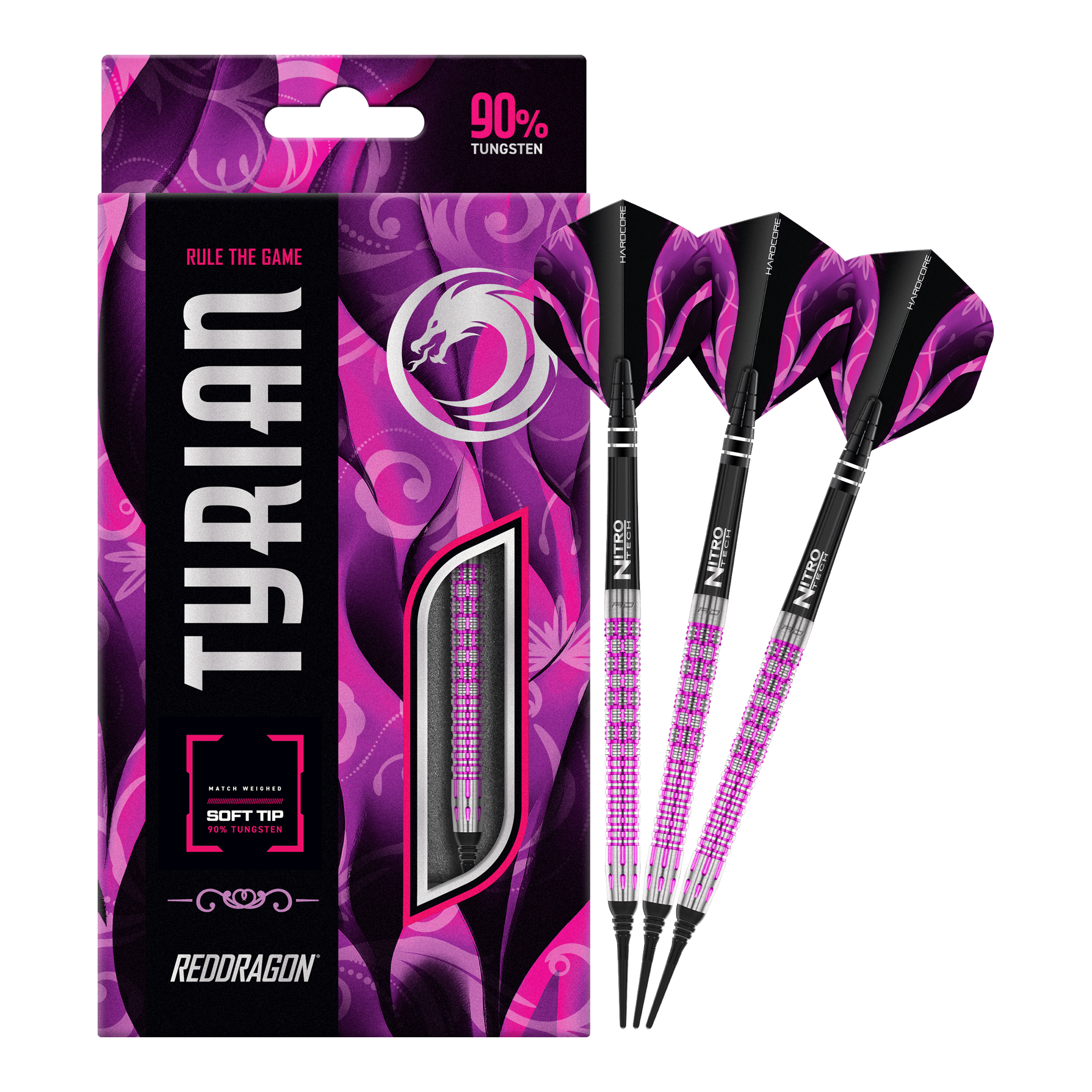 Dardos blandos Red Dragon Tyrian - 22 g Das Bild zeigt die Red Dragon Tyrian Softdarts - 22g mit einem auffälligen pink-schwarzen Design. Die Darts bestehen zu 90% aus Tungsten und werden in einer passenden Verpackung präsentiert.