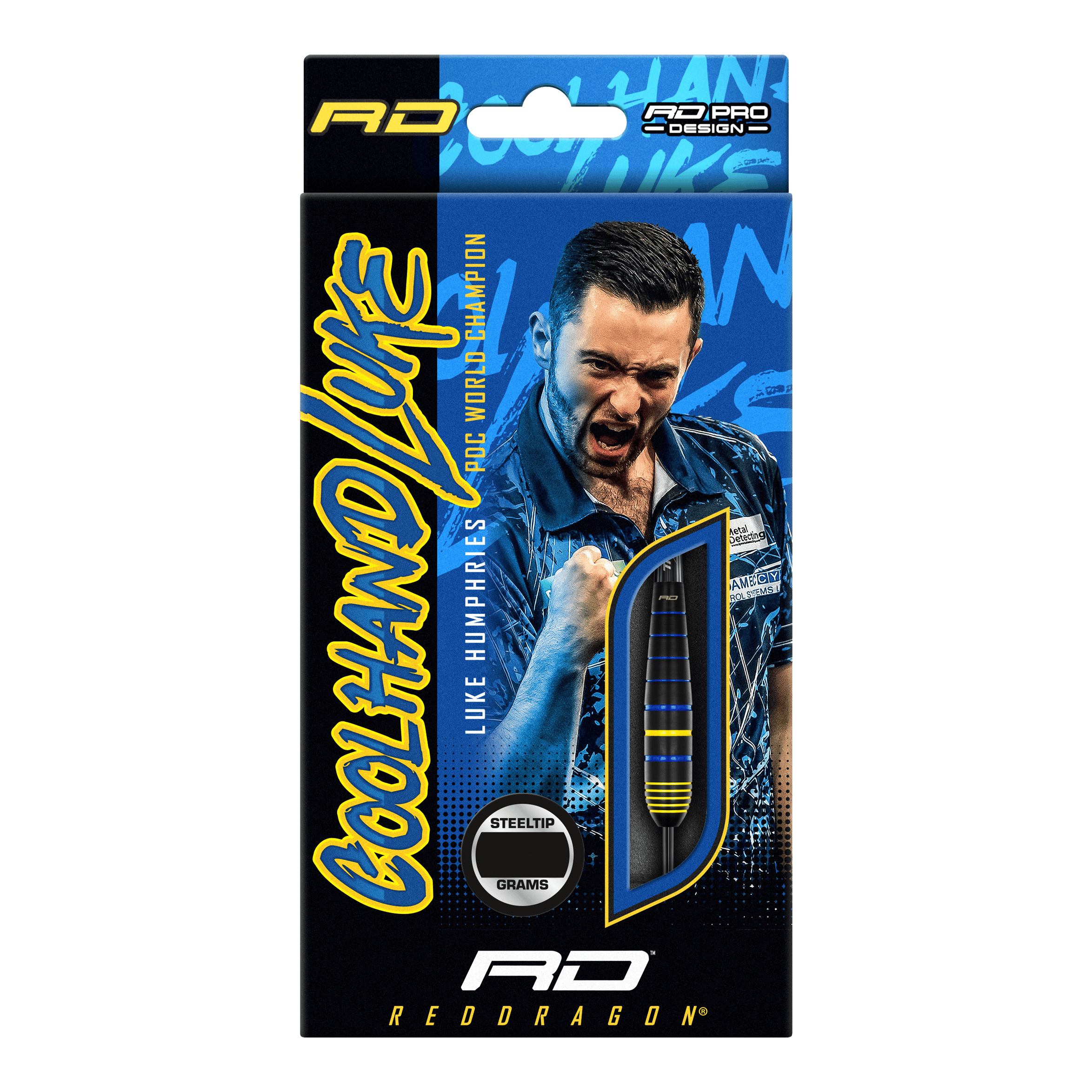 Dardos de acero de latón Red Dragon Luke Humphries, campeón mundial Auf der Verpackung sind die "Red Dragon Luke Humphries World Champion Brass Steeldarts" abgebildet. Im Hintergrund ist ein jubelnder Spieler zu sehen, daneben ist ein Dartpfeil durch ein Sichtfenster sichtbar.