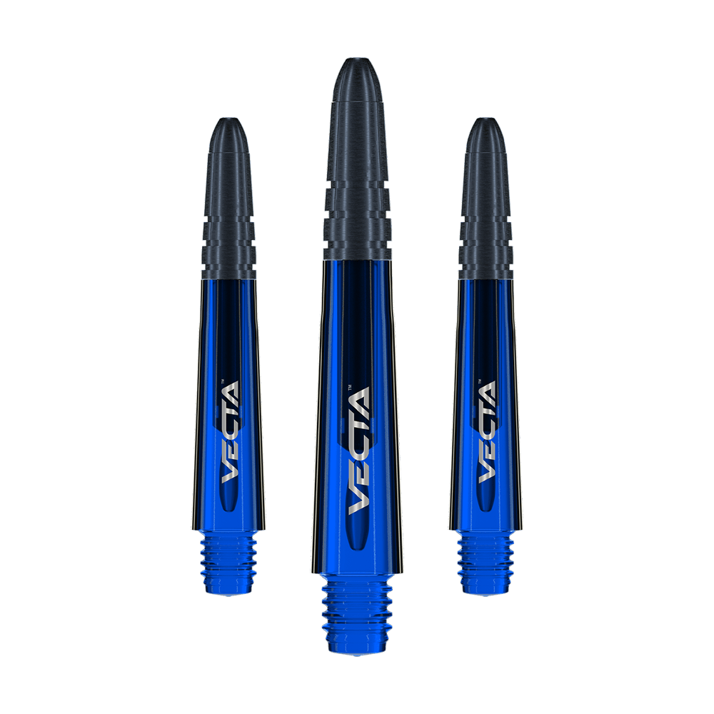 7025-105_Winmau_Vecta_Shafts_Blau_34mm_1 Das Bild zeigt drei blaue Winmau Vecta Shafts für Darts. Die Schäfte haben eine glänzende Oberfläche und das Wort "Vecta" ist darauf zu sehen.