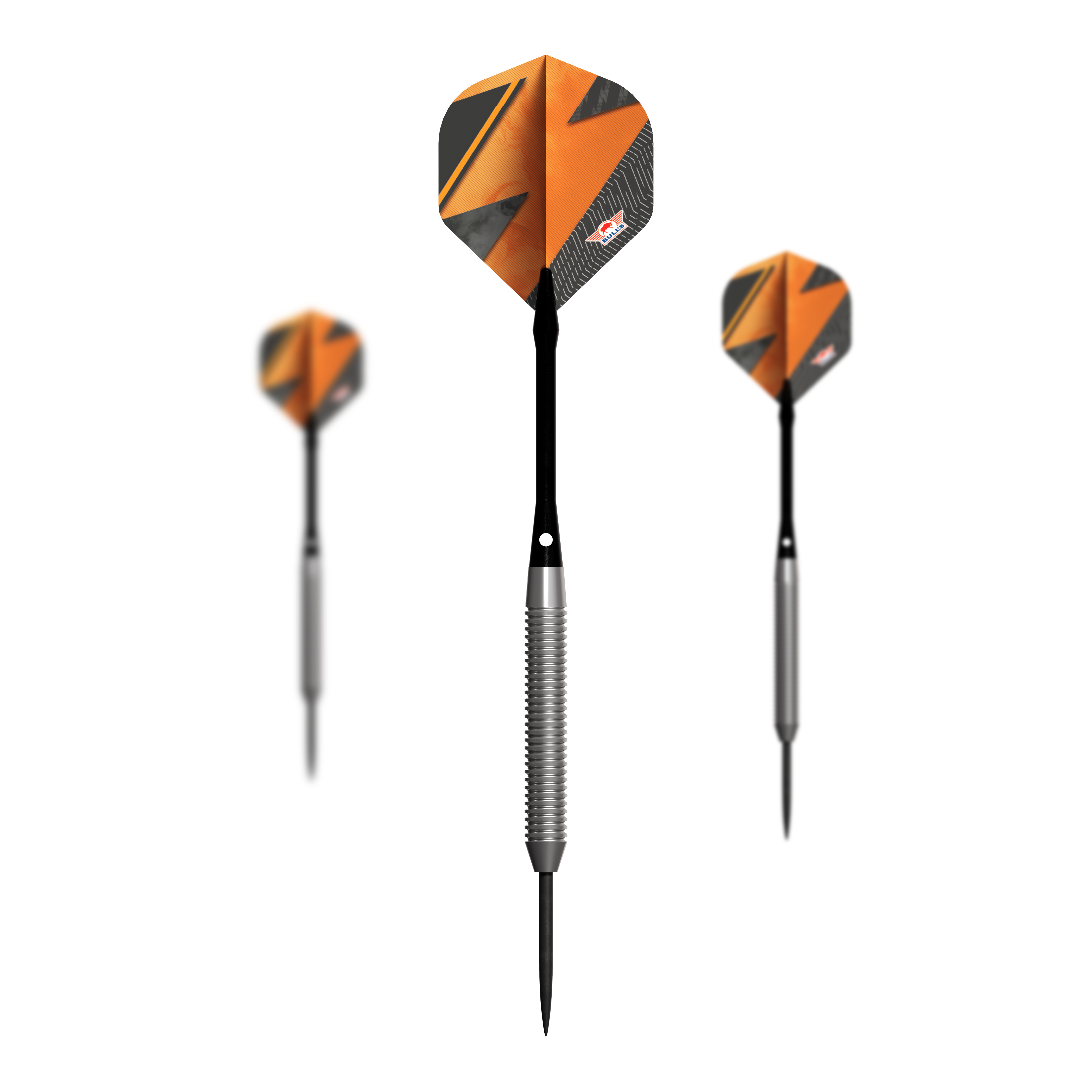 Dardos de acero naranja Bulls NL Lightning Das Bild zeigt drei Steeldarts der Marke "Bulls NL Lightning Orange". Die Darts haben einen auffälligen orange-schwarzen Flight und einen silbernen Schaft.