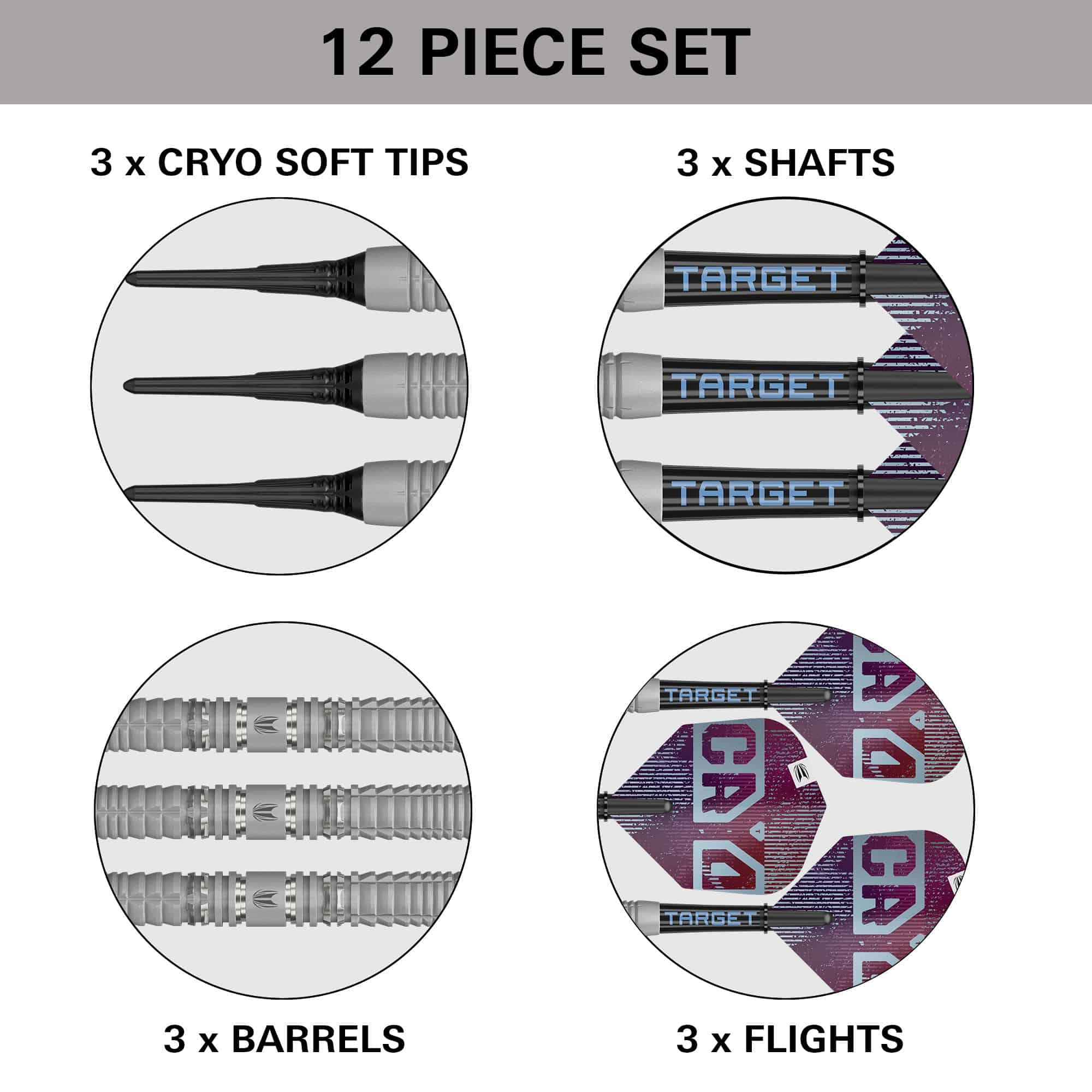 Dardos blandos Target Cryo 12 Dieses Bild stellt die Target Cryo 12 Softdarts dar. Diese Softdarts bieten optimale Kontrolle für ambitionierte Spieler.