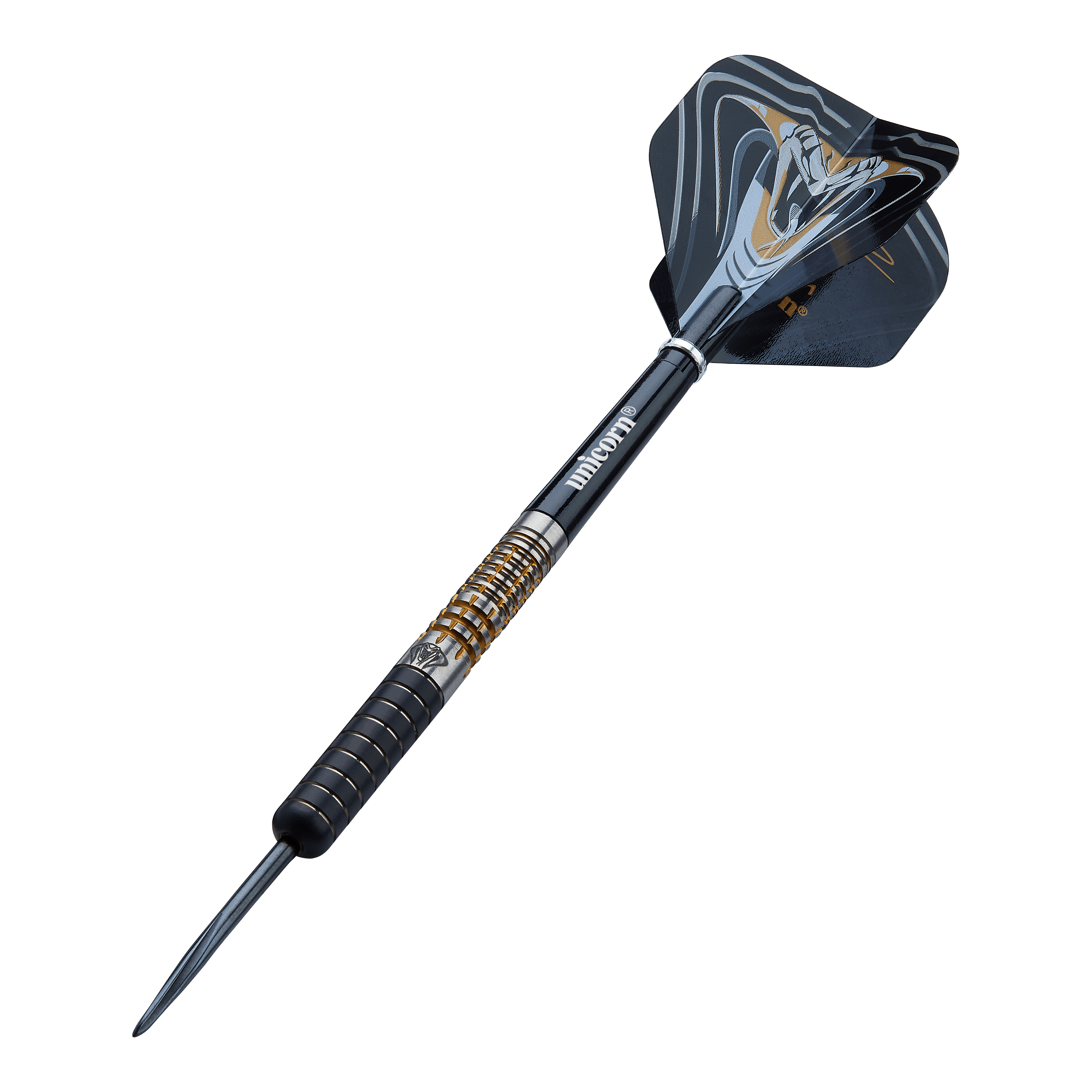 Dardos de acero Unicorn Maestro Jeffrey De Zwaan Fase 3 Das Bild zeigt einen Unicorn Maestro Jeffrey De Zwaan Phase 3 Steeldart. Der Dart hat ein schwarzes und silbernes Design mit goldenen Akzenten und einer auffälligen Flights-Grafik.