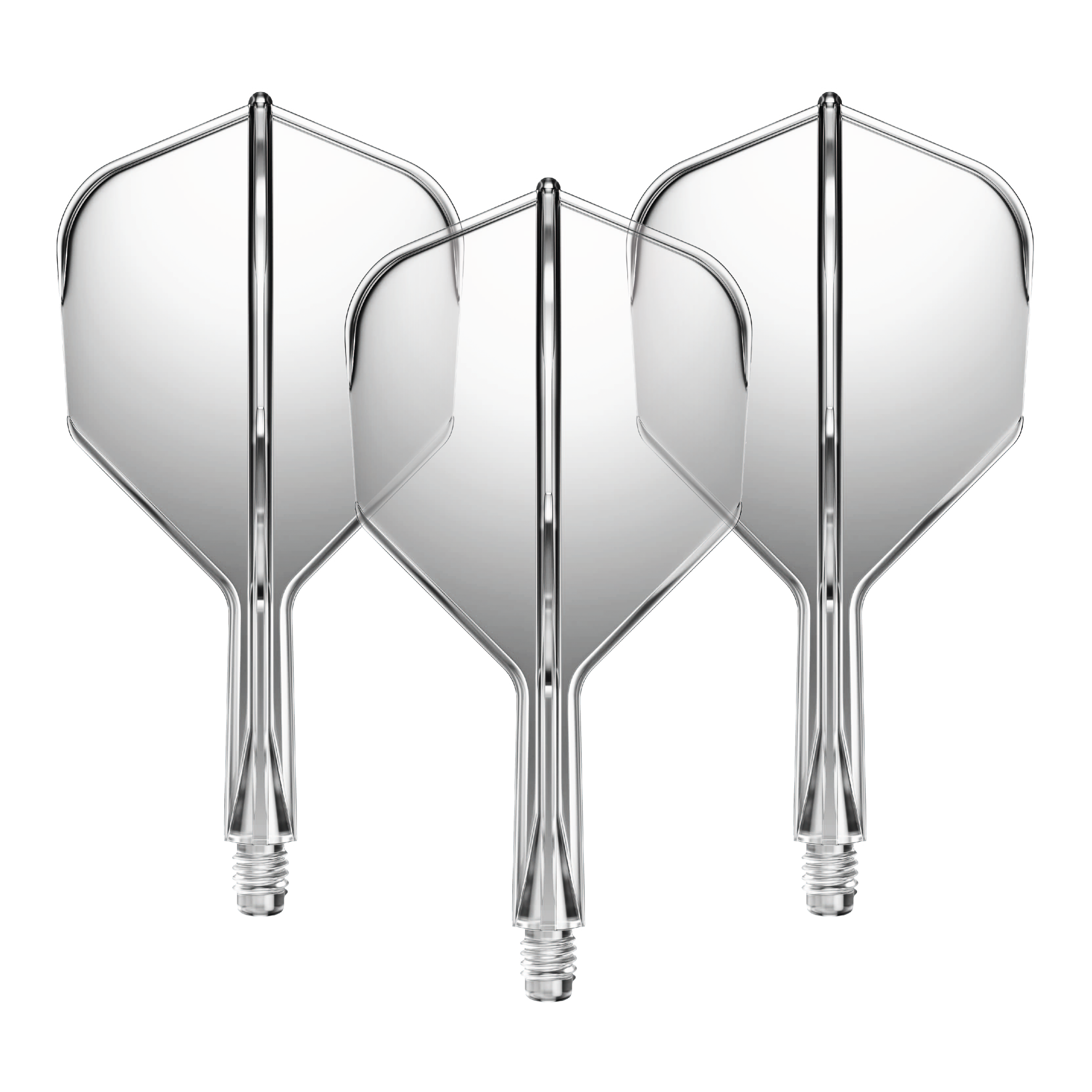 Sistema de eje de vuelo GOAT A1R No6 - Transparente Das Bild zeigt drei durchsichtige Dartflights mit kurzen Schäften. Sie sind nebeneinander angeordnet und besitzen eine klare, glänzende Oberfläche.