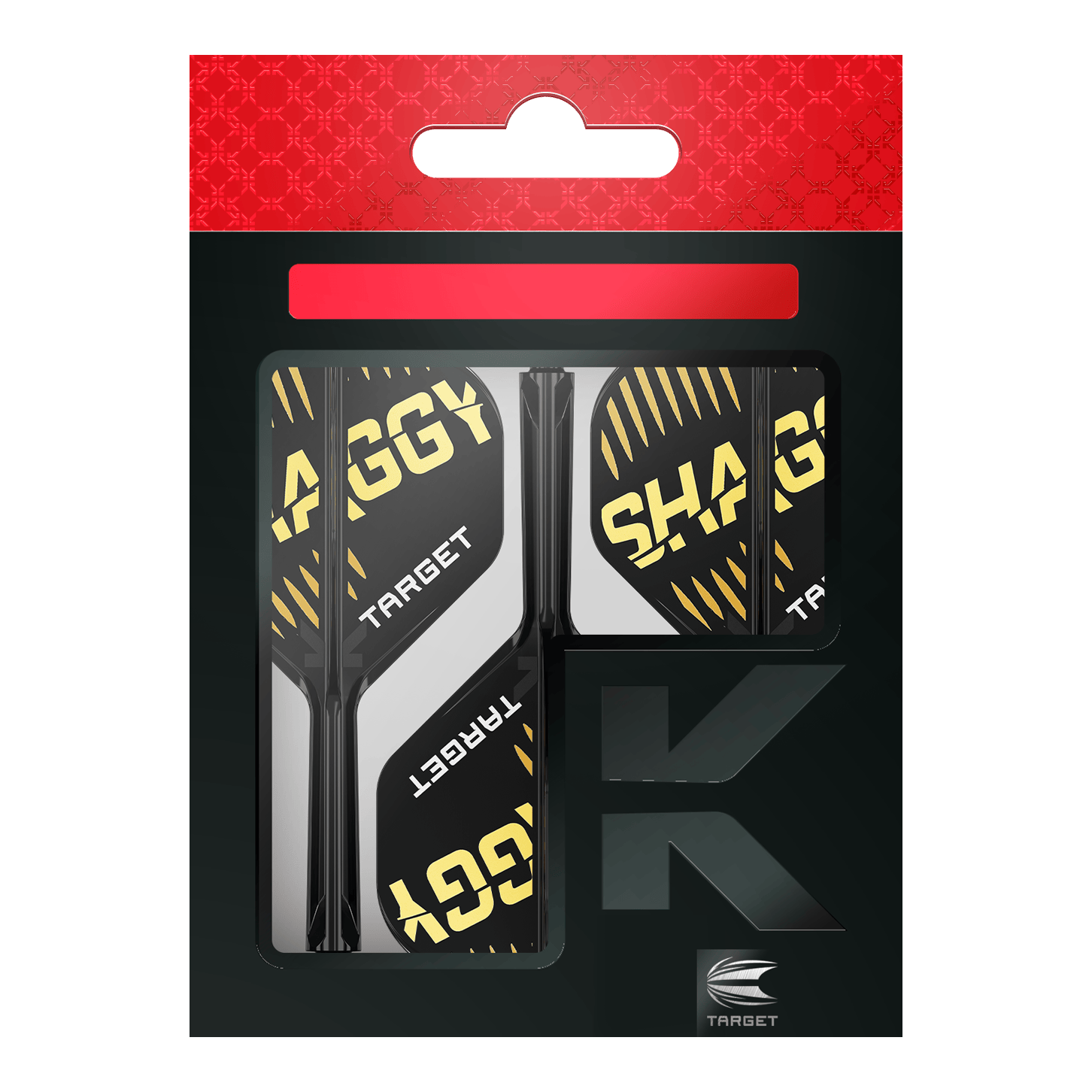 Sistema de eje de vuelo estándar Target K-Flex Scott Williams No2 Auf dem Bild ist die Verpackung der "Target K-Flex Scott Williams No2 Standard Flights" zu sehen. Die Flights sind überwiegend schwarz mit gelben und weißen Akzenten und dem Schriftzug "SHAGGY" darauf.