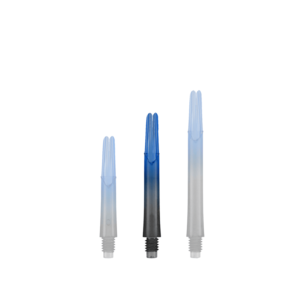Varilla L-L-Style-Shaft Locked Straight Natural9 de dos tonos - Azul Das Bild zeigt drei unterschiedlich lange, zweifarbige Dartschäfte in Schwarz und Blau. Sie stehen aufrecht nebeneinander auf einem neutralen Hintergrund.