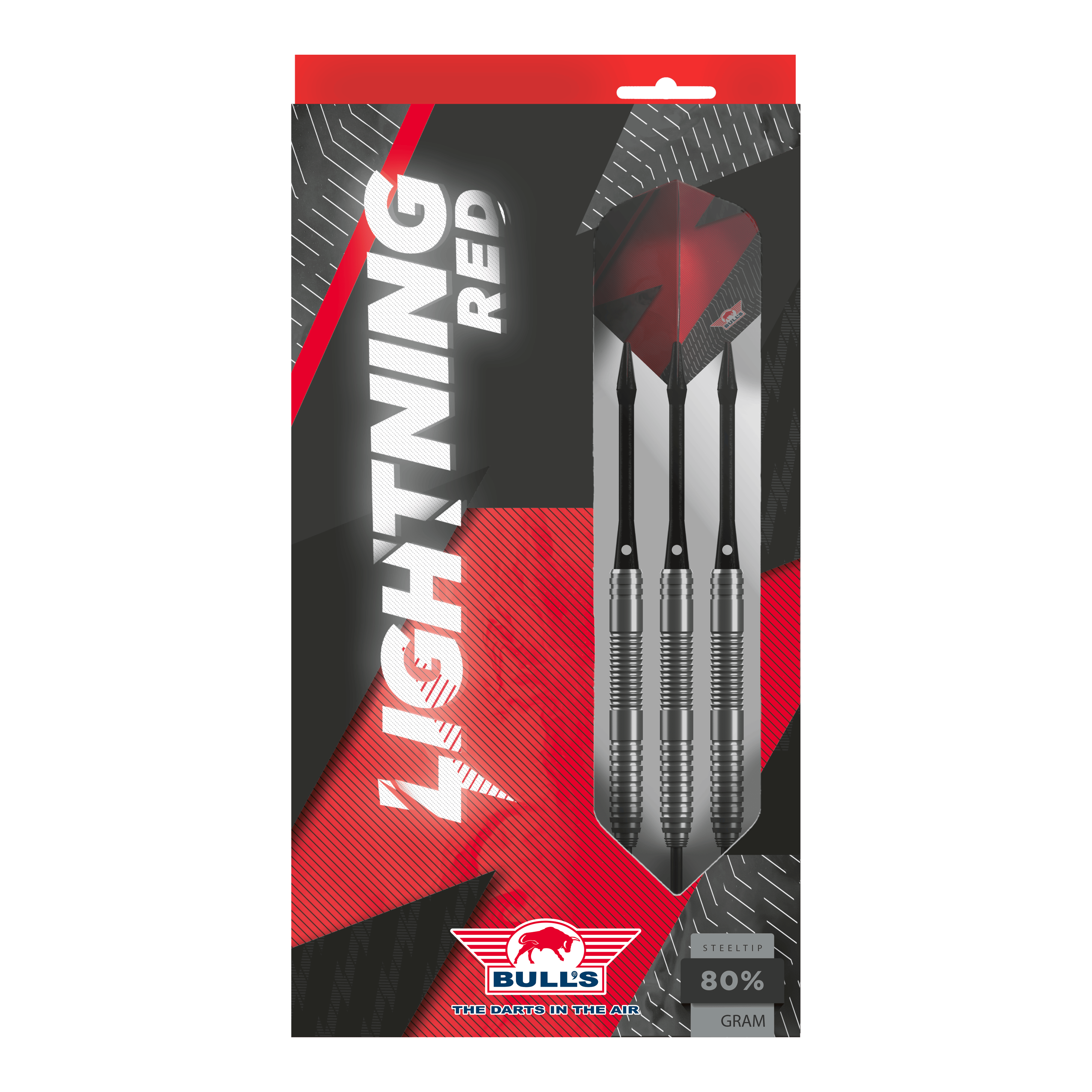 Dardos de acero Bulls NL Lightning Red Das Bild zeigt die Verpackung der "Bulls NL Lightning Red Steeldarts". In der Packung sind drei silberne Steeldarts mit roten Flights zu sehen.