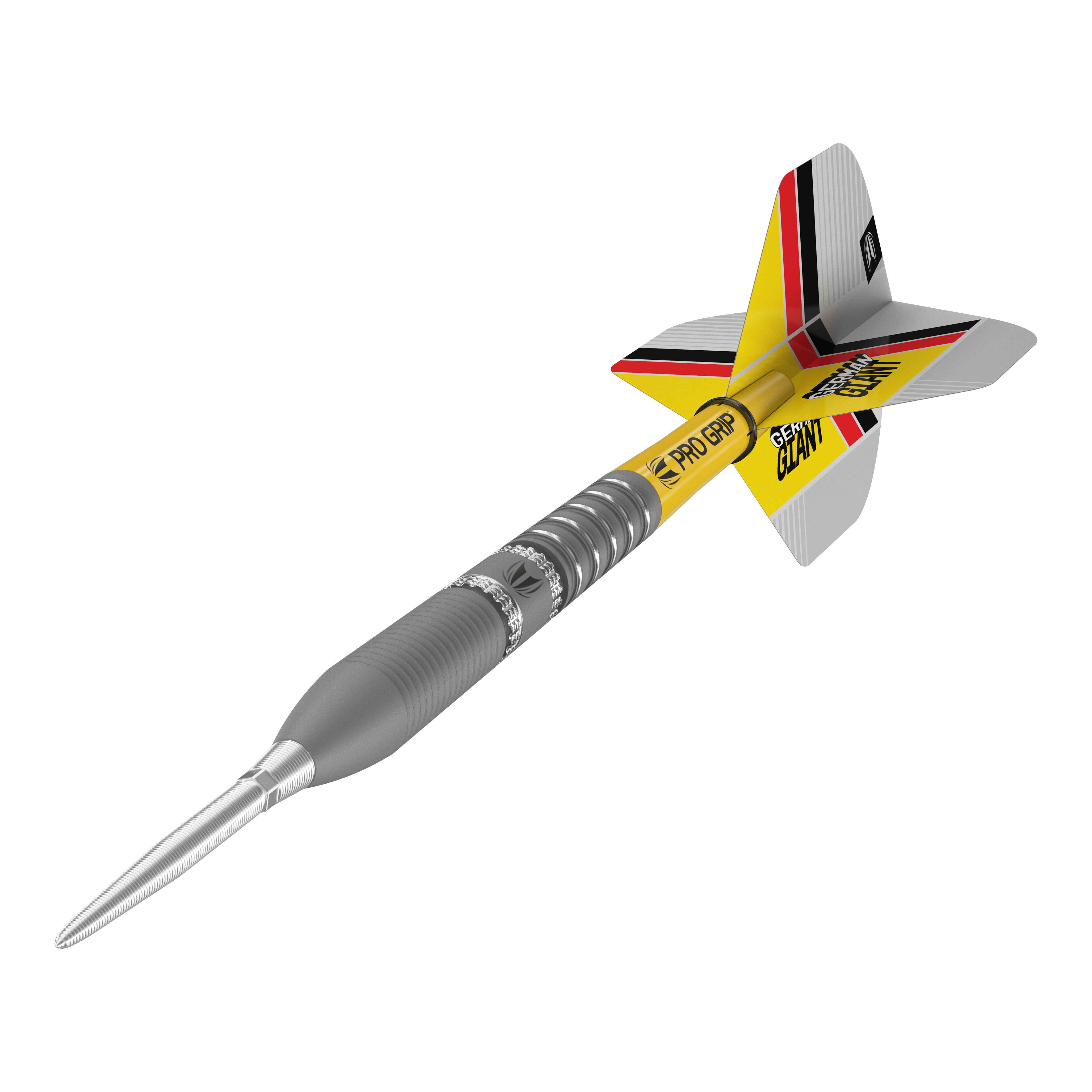 Dardos de acero Target Gabriel Clemens GEN2 Swiss Point Das Bild zeigt einen modernen Steeldartpfeil mit silberner Spitze und einem gelb-schwarzen Schaft. Die Flights sind mit roten, schwarzen und gelben Streifen verziert und tragen die Aufschrift "GERMAN GIANT".