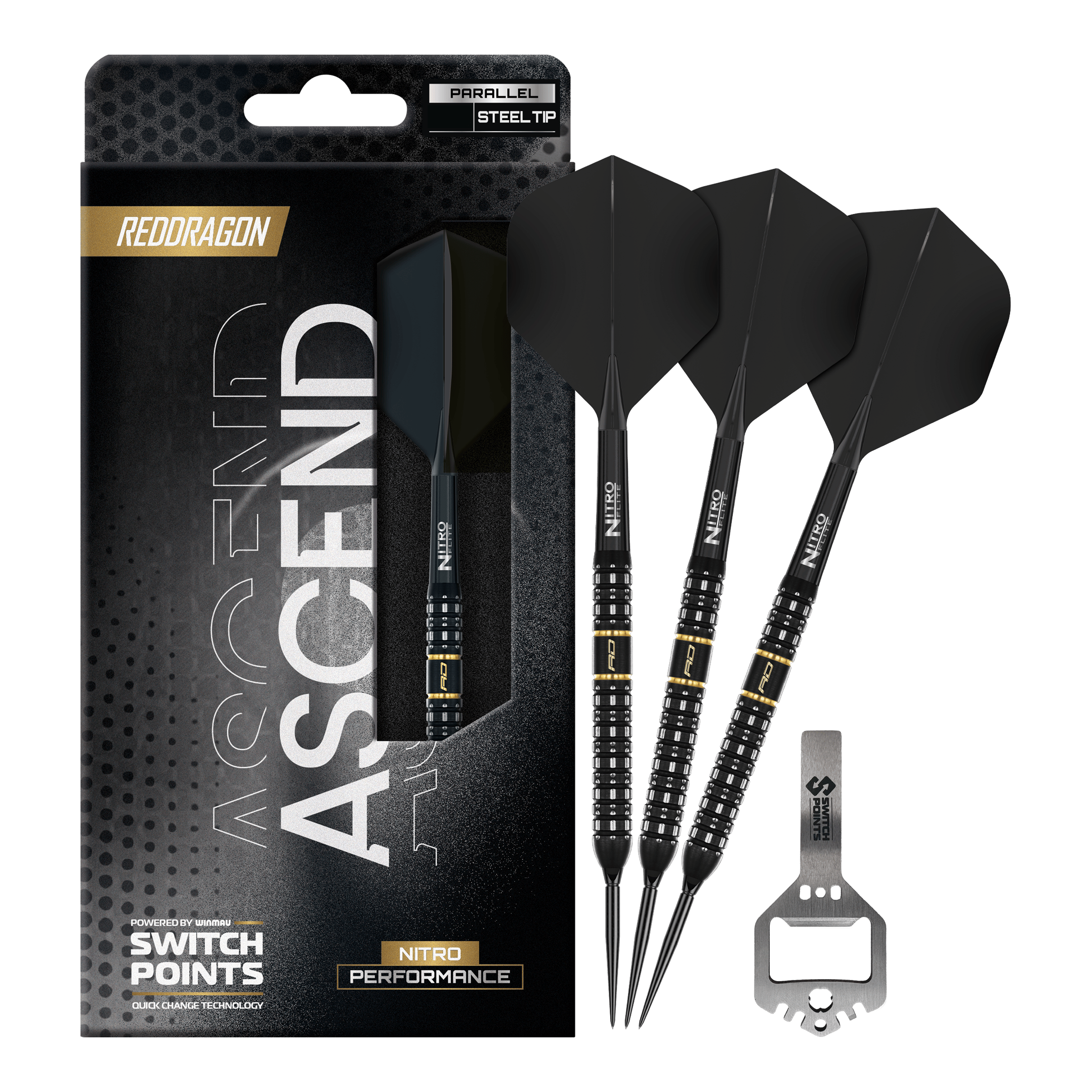 Dardos de acero de punto de conmutación paralelo Red Dragon Ascenso Das Bild präsentiert die Red Dragon Ascend Parallel Switch Point Steeldarts in voller Länge. Die Details des kompletten Darts sind gut erkennbar.