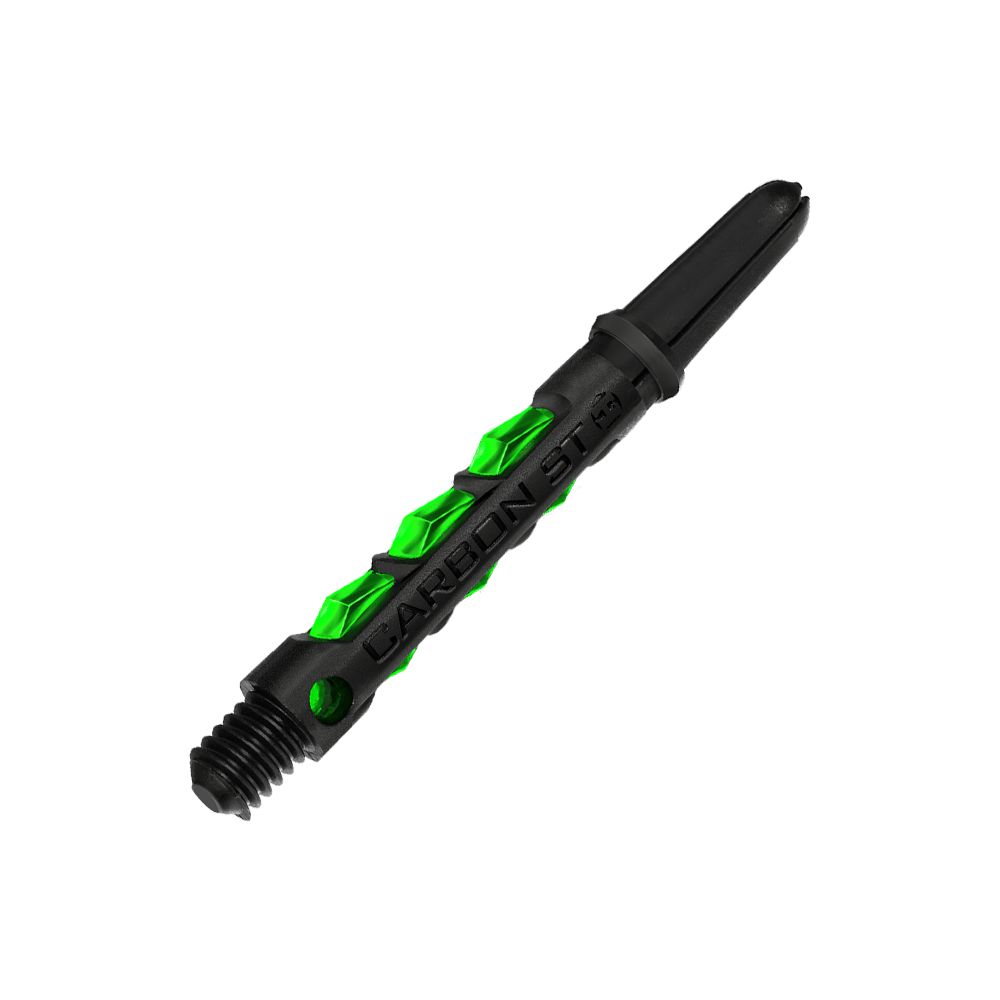 HR423_Harrows_Carbon_ST_Shafts_Gr-n_40mm_2 Harrows Carbon ST Shafts liegen direkt nebeneinander. Die Schäfte sind zum Teil transluzent.