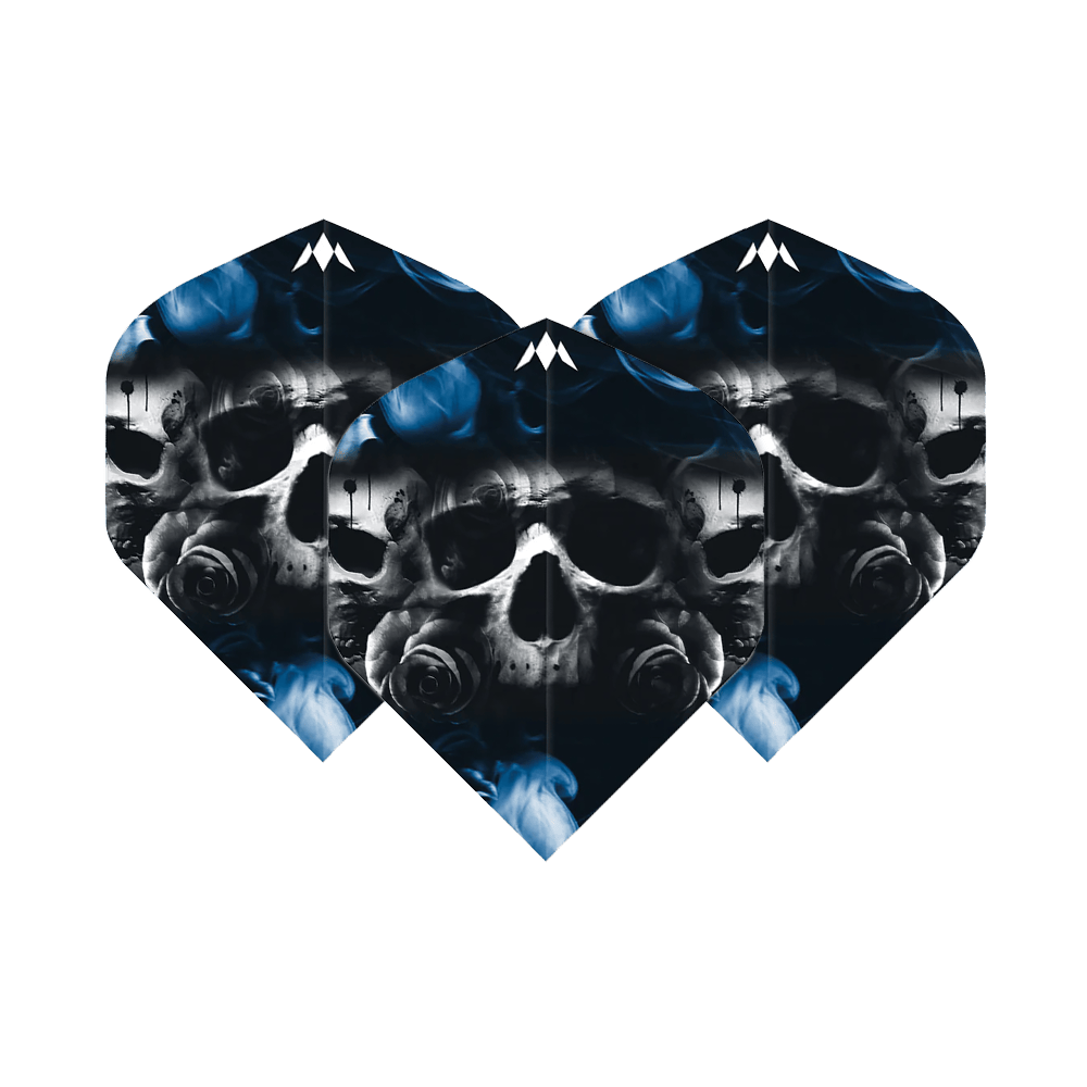 Misión Solo Shaun McDonald No2 Vuelos Estándar Das Bild zeigt drei Dartflights mit einem Totenkopf und blauen Raucheffekten als Motiv. Die Flights sind das Produkt "Mission Solo Shaun McDonald No2 Standard Flights".