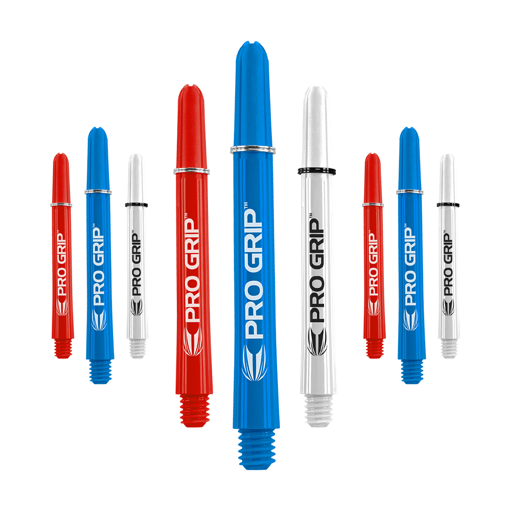 Varillas Target Pro Grip - 3 juegos - Rojo, Azul, Blanco Das Bild zeigt neun Dart-Shafts in den Farben Blau, Rot und Weiß. Auf jedem Shaft steht der Schriftzug "PRO GRIP" mit einem kleinen Logo darunter.